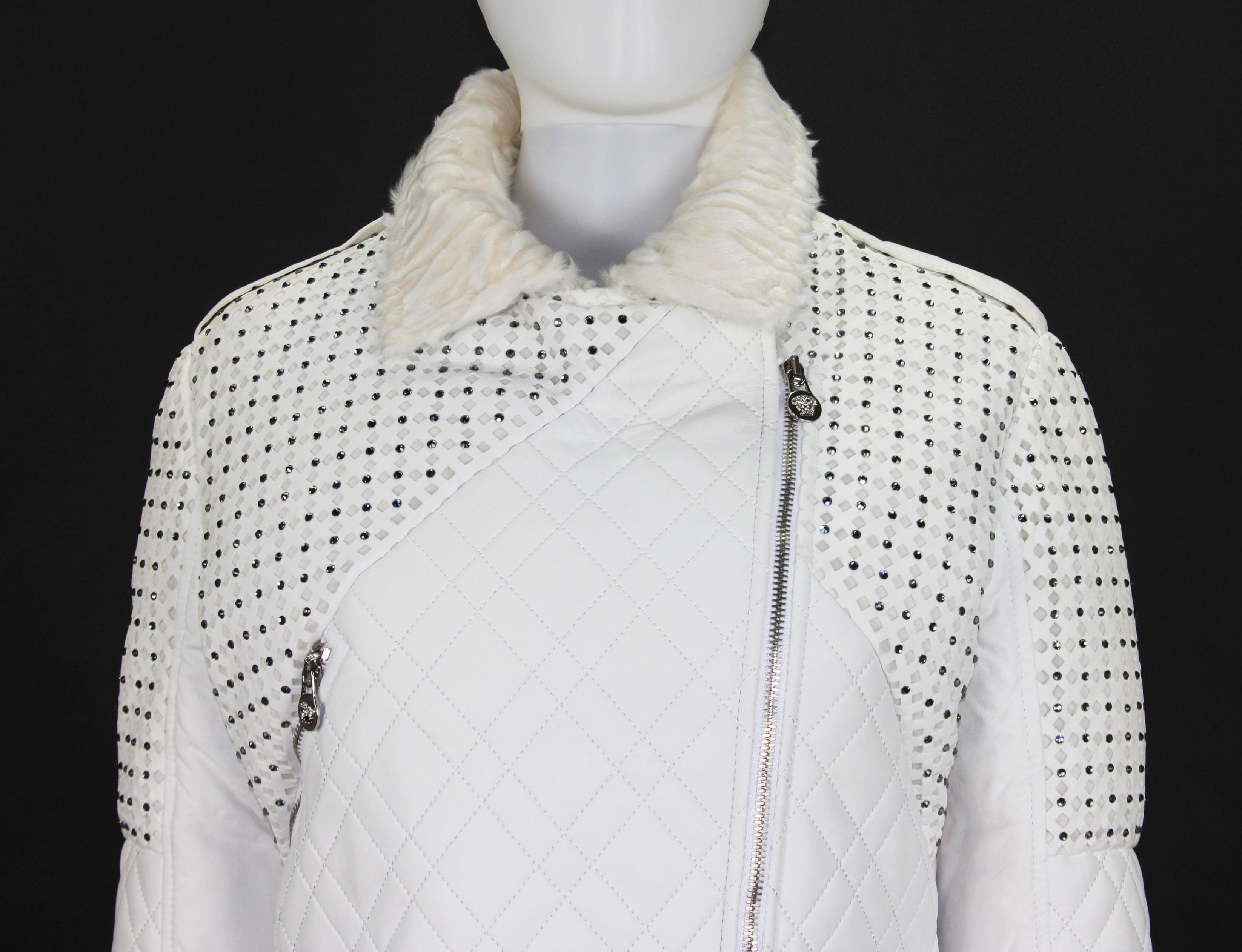 New Versace White Leather Fur Collar Beaded Down Jacket w/ Swarovski Crystals 42 For Sale 1