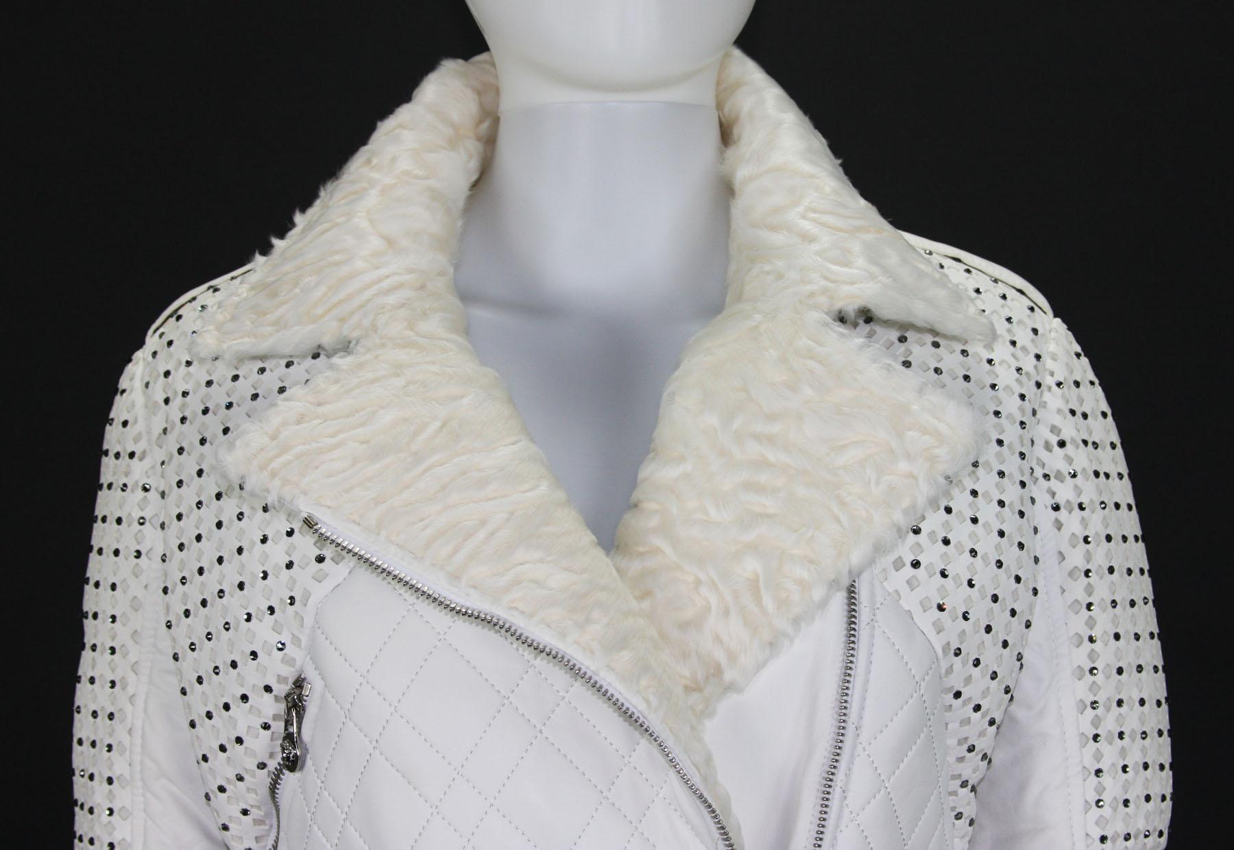 New Versace White Leather Fur Collar Beaded Down Jacket w/ Swarovski Crystals 42 For Sale 3
