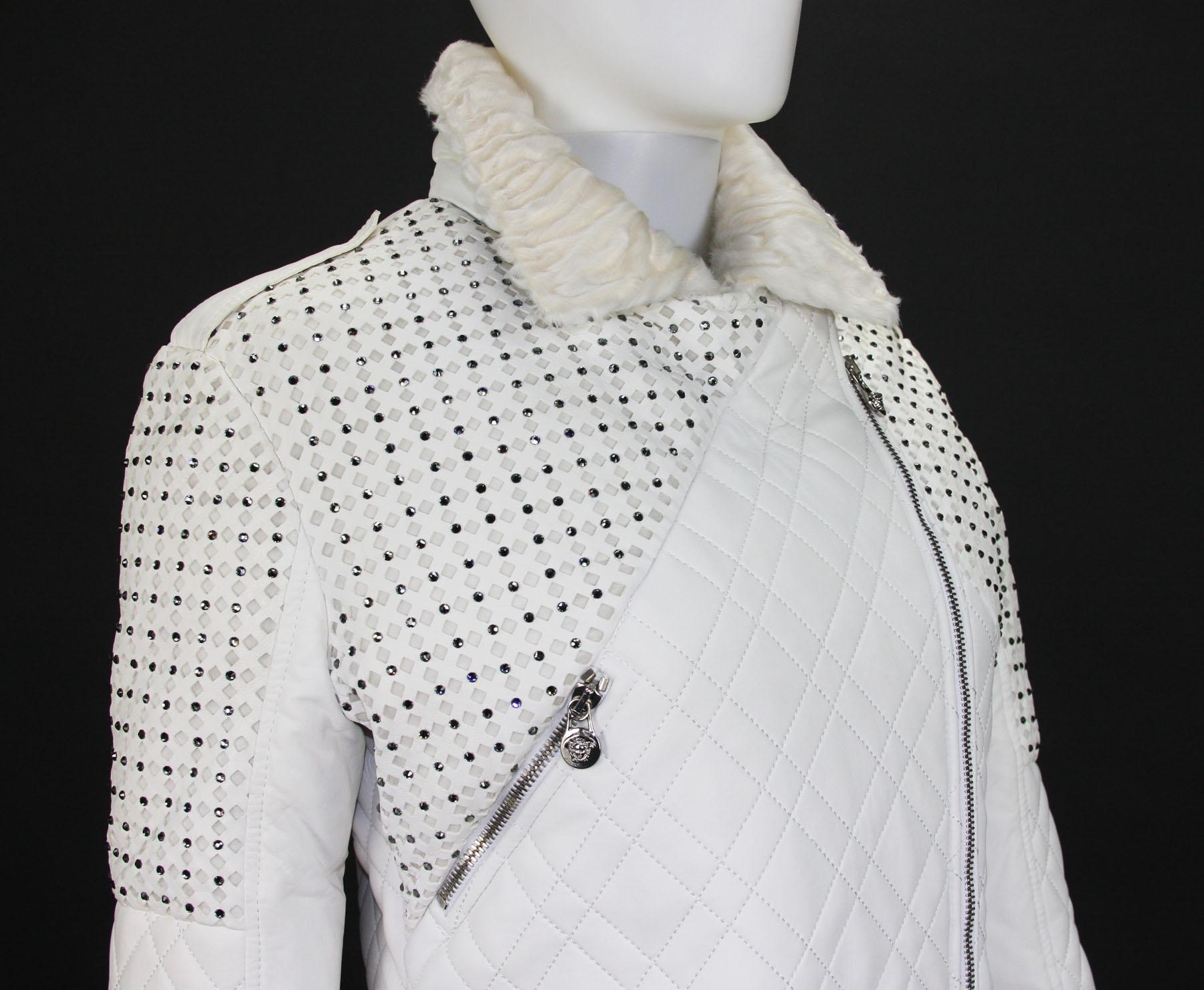 New Versace White Leather Fur Collar Beaded Down Jacket w/ Swarovski Crystals 42 For Sale 4