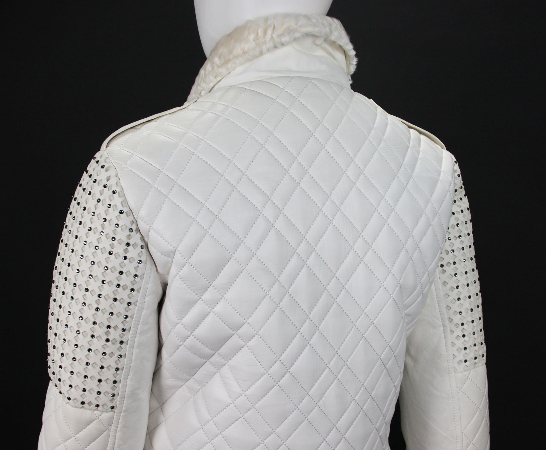 New Versace White Leather Fur Collar Beaded Down Jacket w/ Swarovski Crystals 42 For Sale 5
