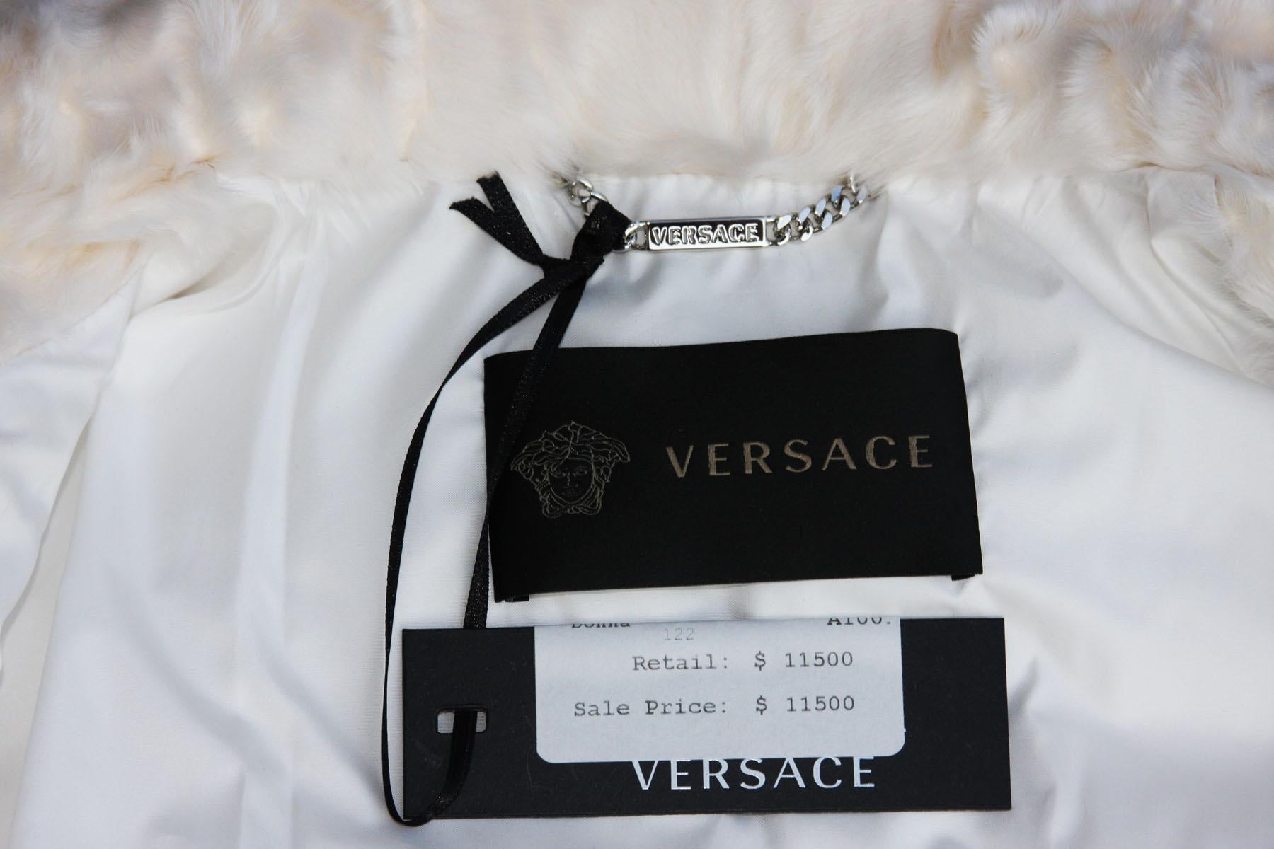 New Versace White Leather Fur Collar Beaded Down Jacket w/ Swarovski Crystals 42 For Sale 6