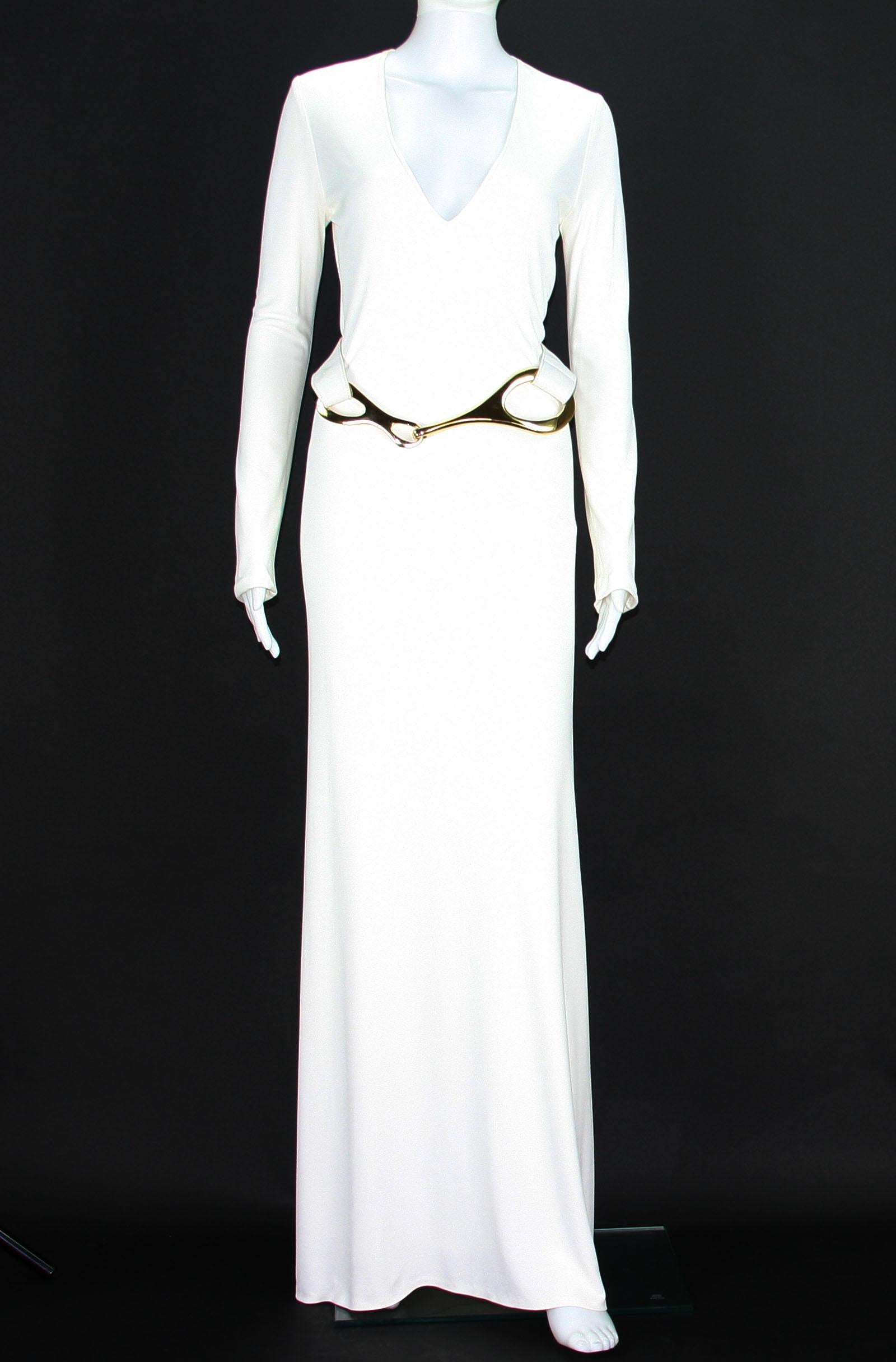 Rare and Famous Tom Ford for Gucci Museum White Jersey Belted Dress Gown
Classy and Timeless Chic
F/W 1996 Collection
Designer size 38
White Jersey, Fully Lined, Detachable Gold Metal Belt.
Made in Italy
Dress in Excellent Condition, Belt Need Small