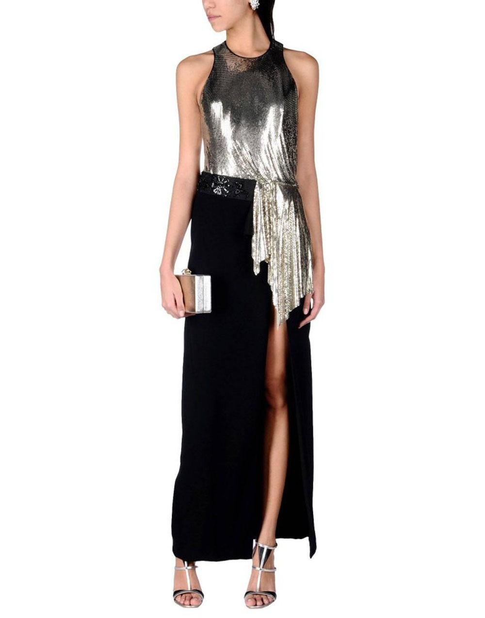New Versace Silver Metallic Mesh Cut Out Black High Slit Gown  40 For Sale 2