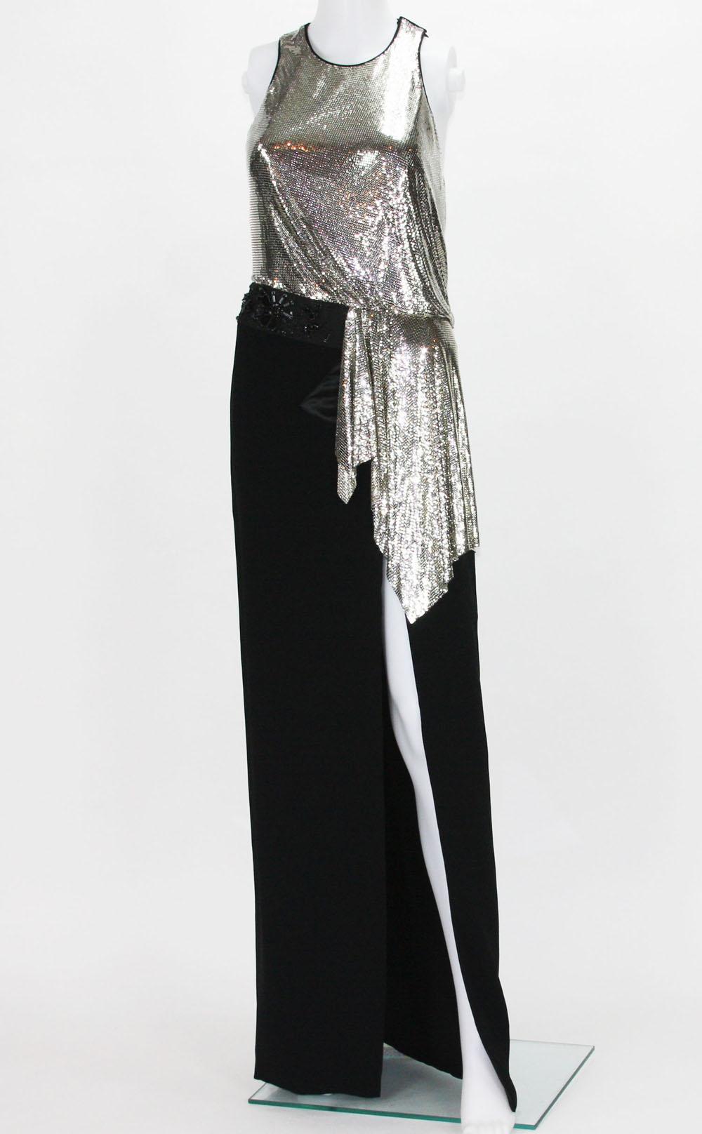 New Versace Silver Metallic Mesh Cut Out Black High Slit Gown  40 For Sale 4