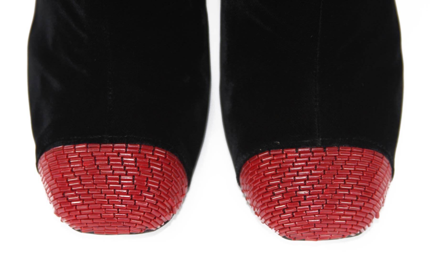 Women's New Tom Ford Bead-Embellished Black Velvet Ruby Red Heel Boots 39 - 9