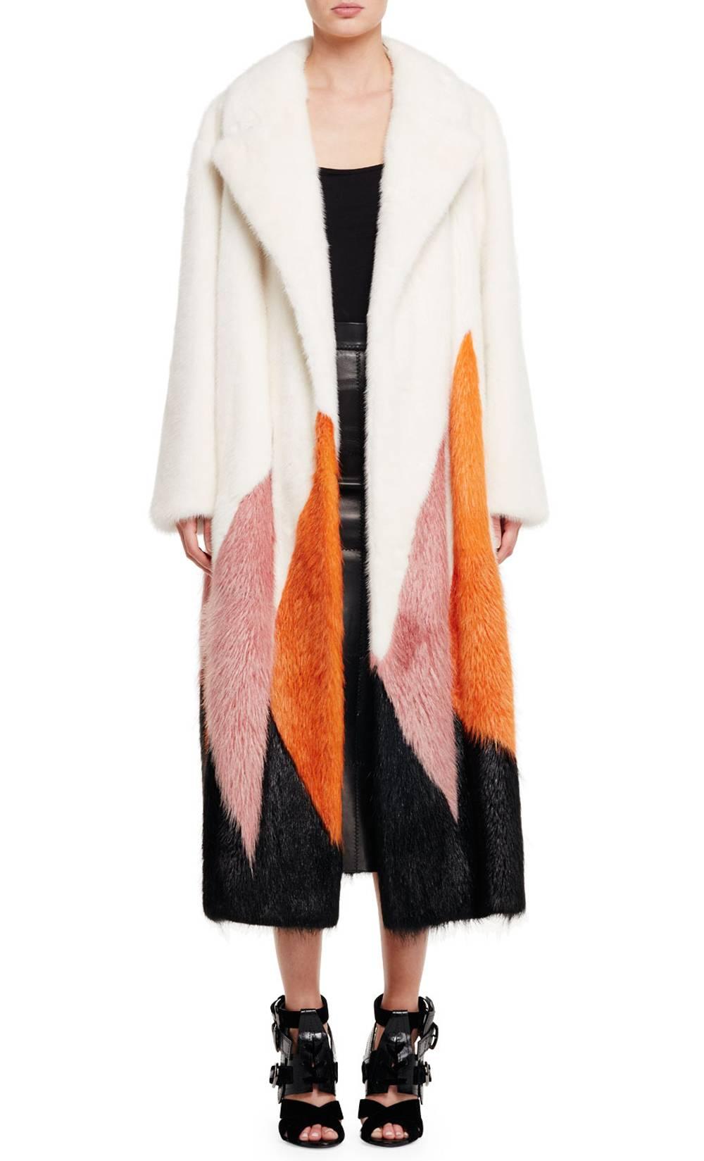 Women's New Tom Ford F/W 2016 Collection White Orange Pink Black Mink Long Coat size S 