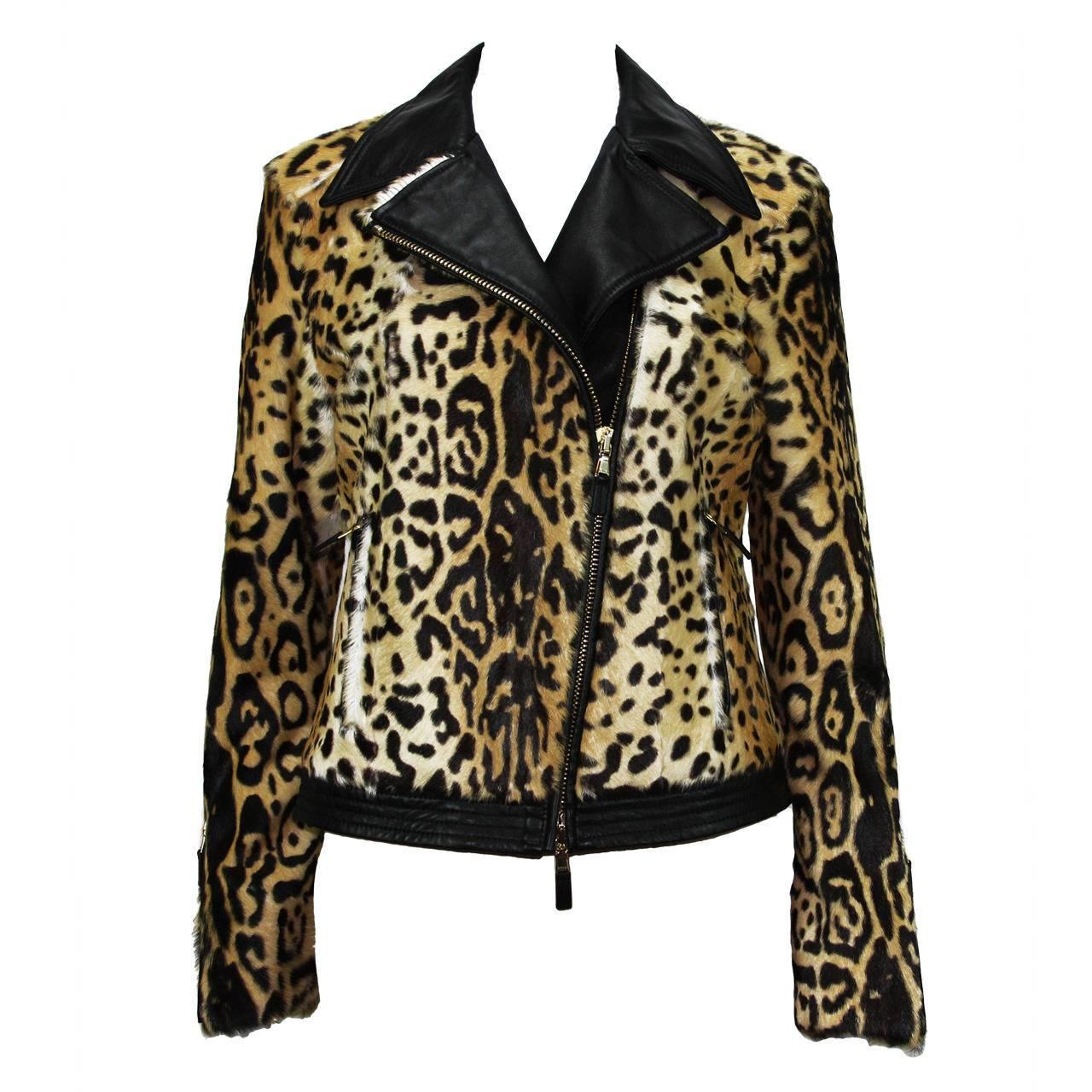 New Etro Women Fur Lamb Leopard Print Leather Moto Jacket  42 - US 6/8 For Sale