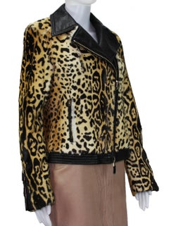 New Etro Women Fur Lamb Leopard Print Leather Moto Jacket  42 - US 6/8