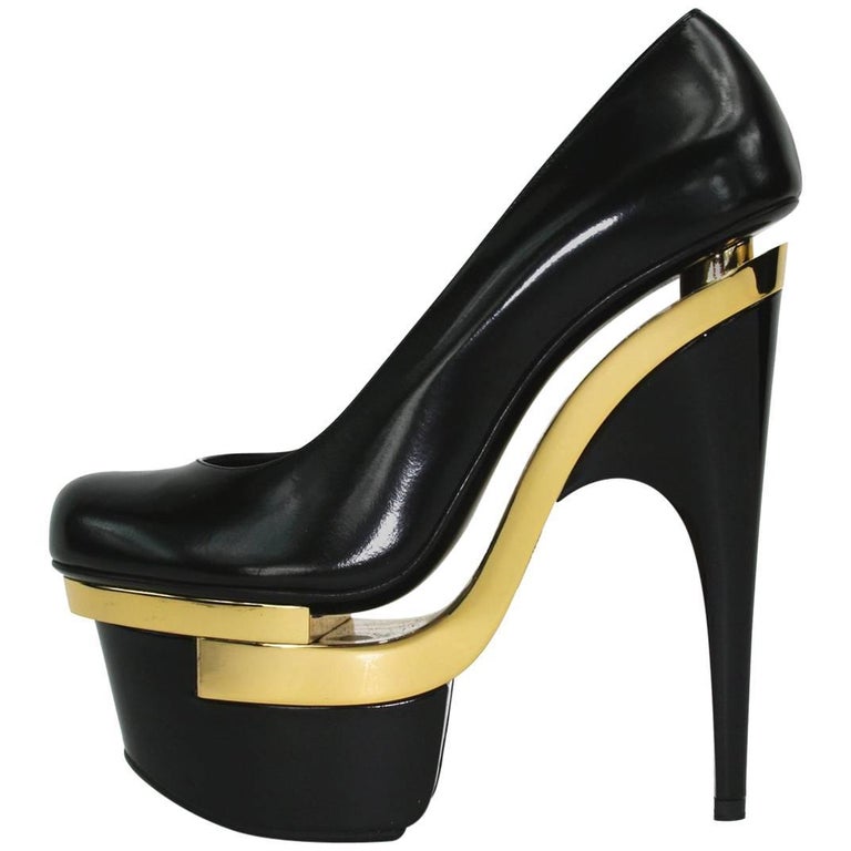 New Versace Black Gold Triple Platform Leather Pumps Sky High Heel