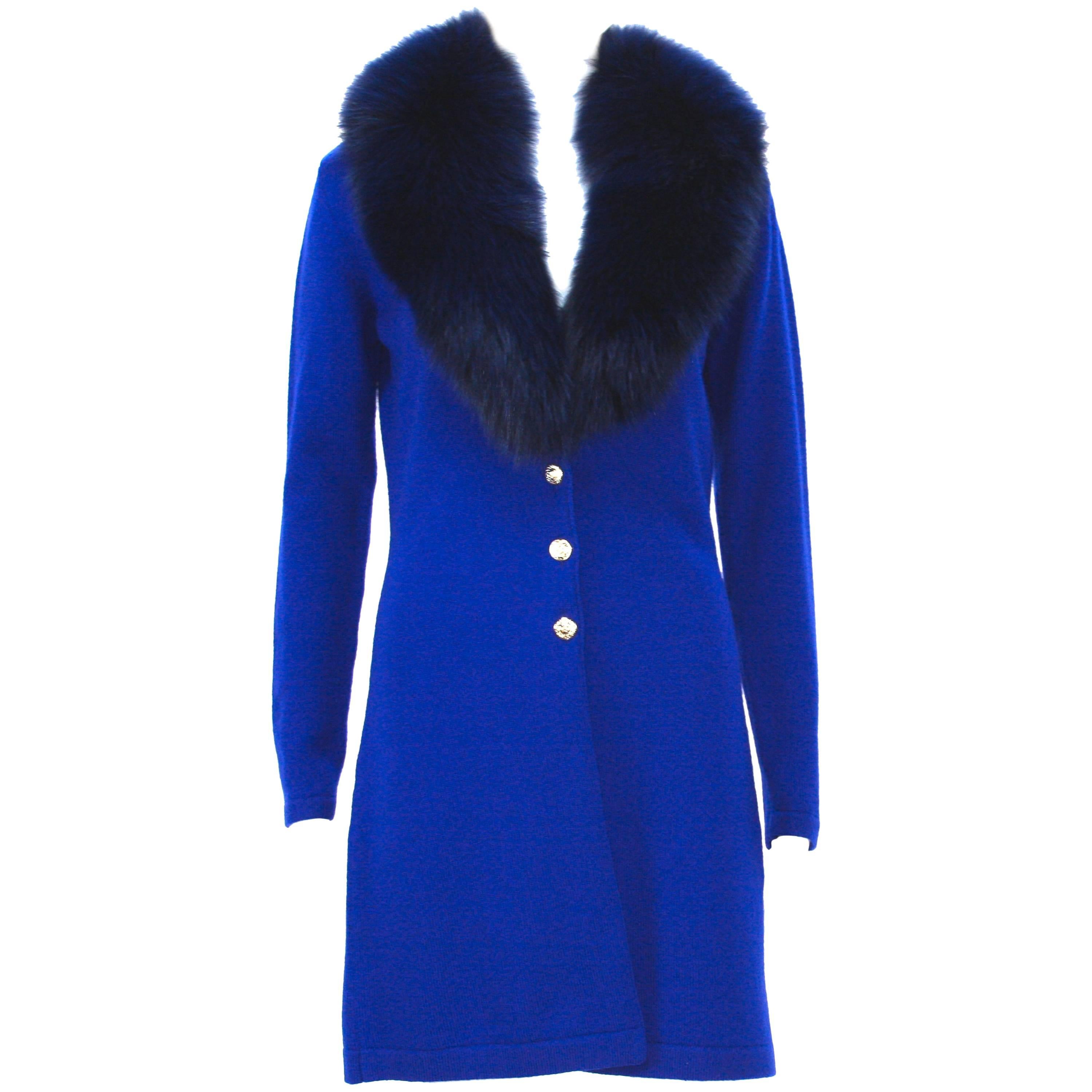 New Versace Purple Blue Wool Cardigan with Detachable Fox Collar 42 For Sale
