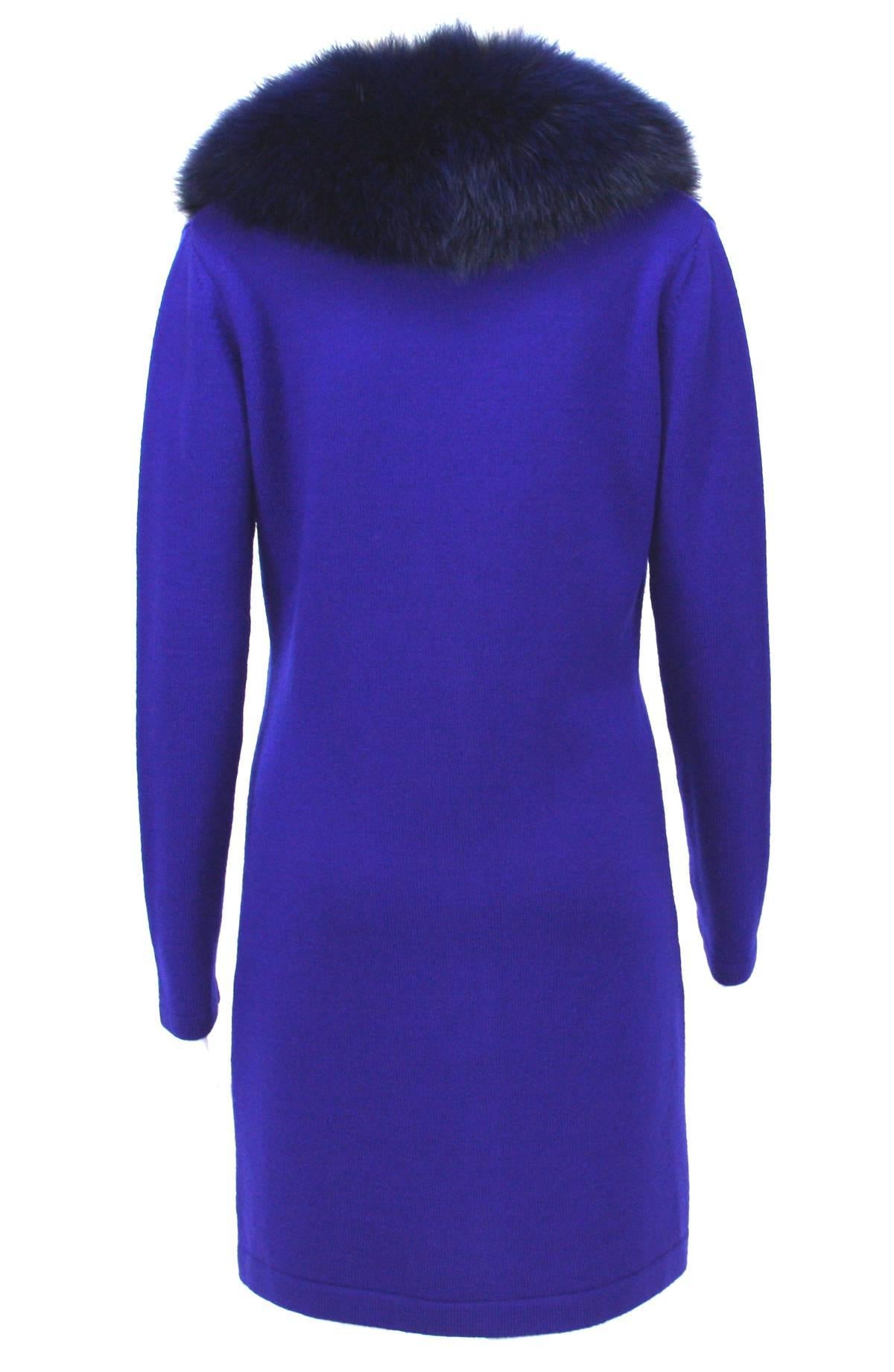 New Versace Purple Blue Wool Cardigan with Detachable Fox Collar 42 In New Condition For Sale In Montgomery, TX