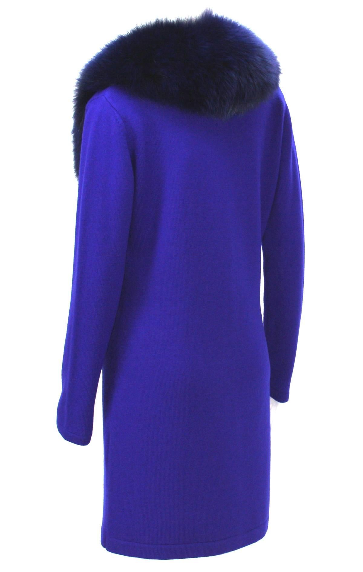 Women's New Versace Purple Blue Wool Cardigan with Detachable Fox Collar 42 For Sale
