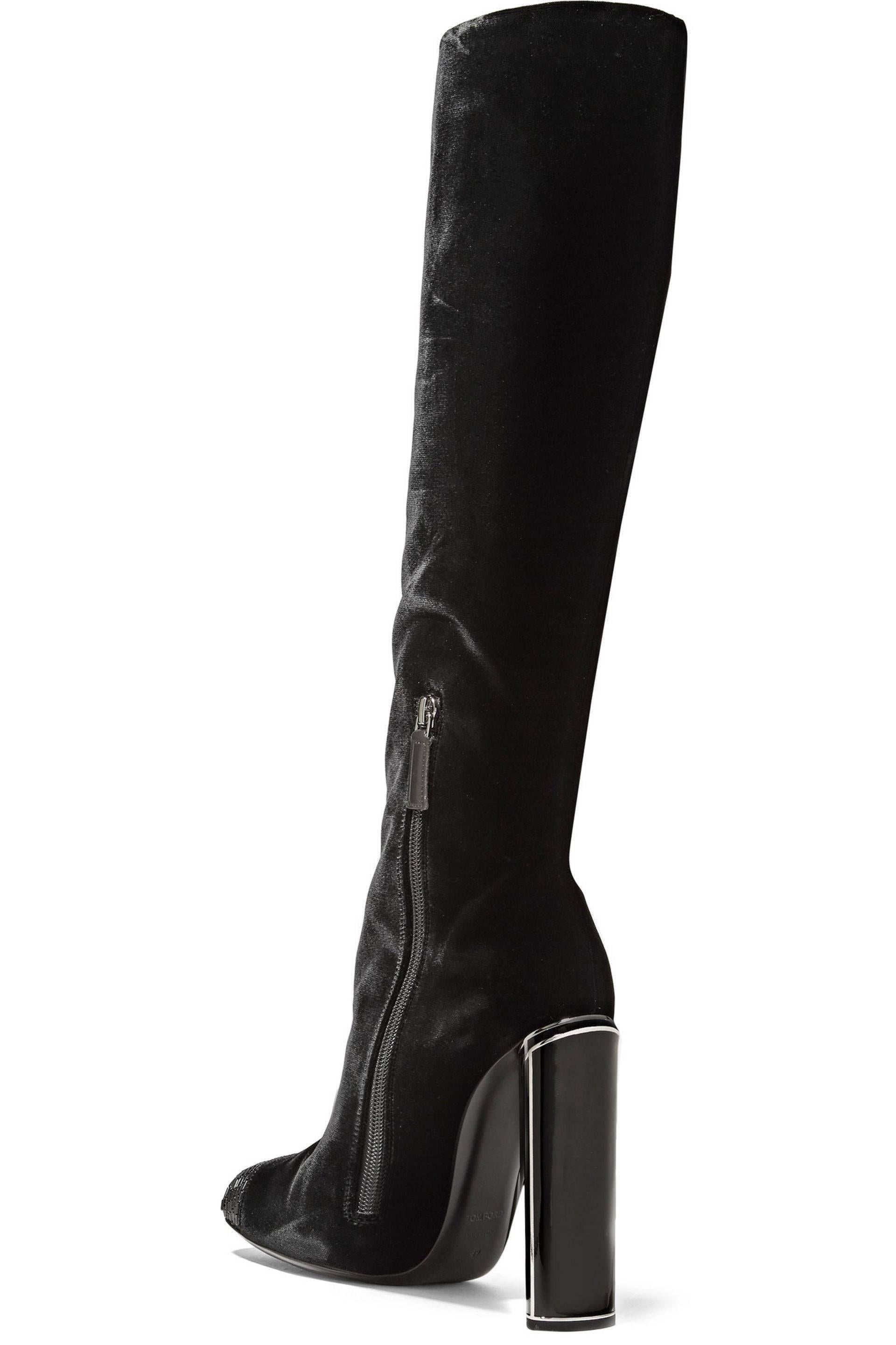 black velvet embellished heeled ankle boots