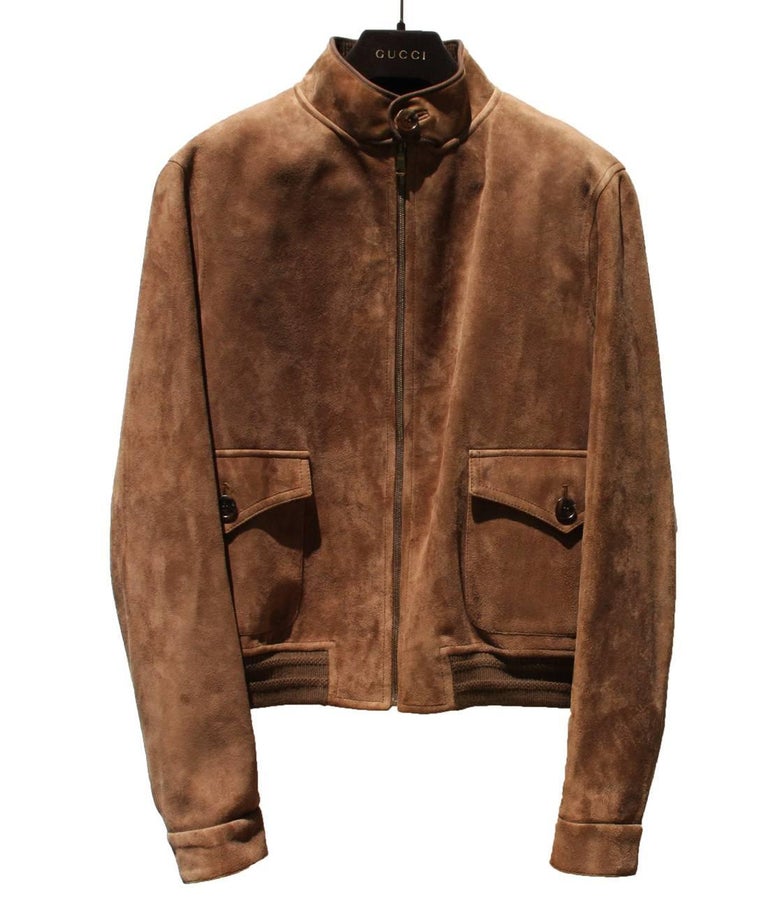 New Gucci Men's Goat Suede Brown Bomber Jacket 48 - US 38 For Sale at ...