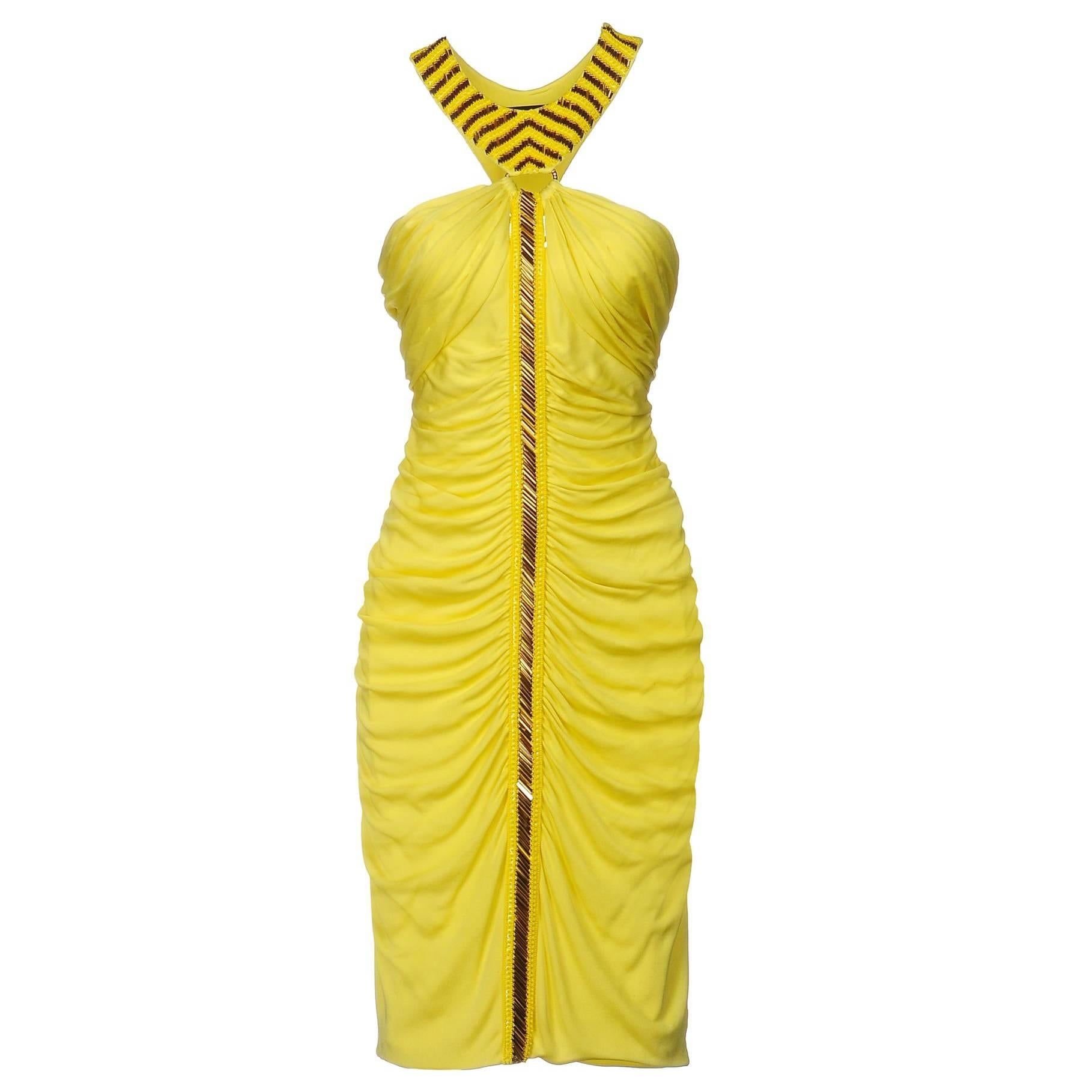 New VERSACE Beaded Cocktail Stretch Yellow Ruched Dress 42 - US 6 For Sale