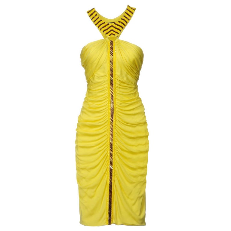 New VERSACE Beaded Cocktail Stretch Yellow Ruched Dress 42 - US 6 For ...