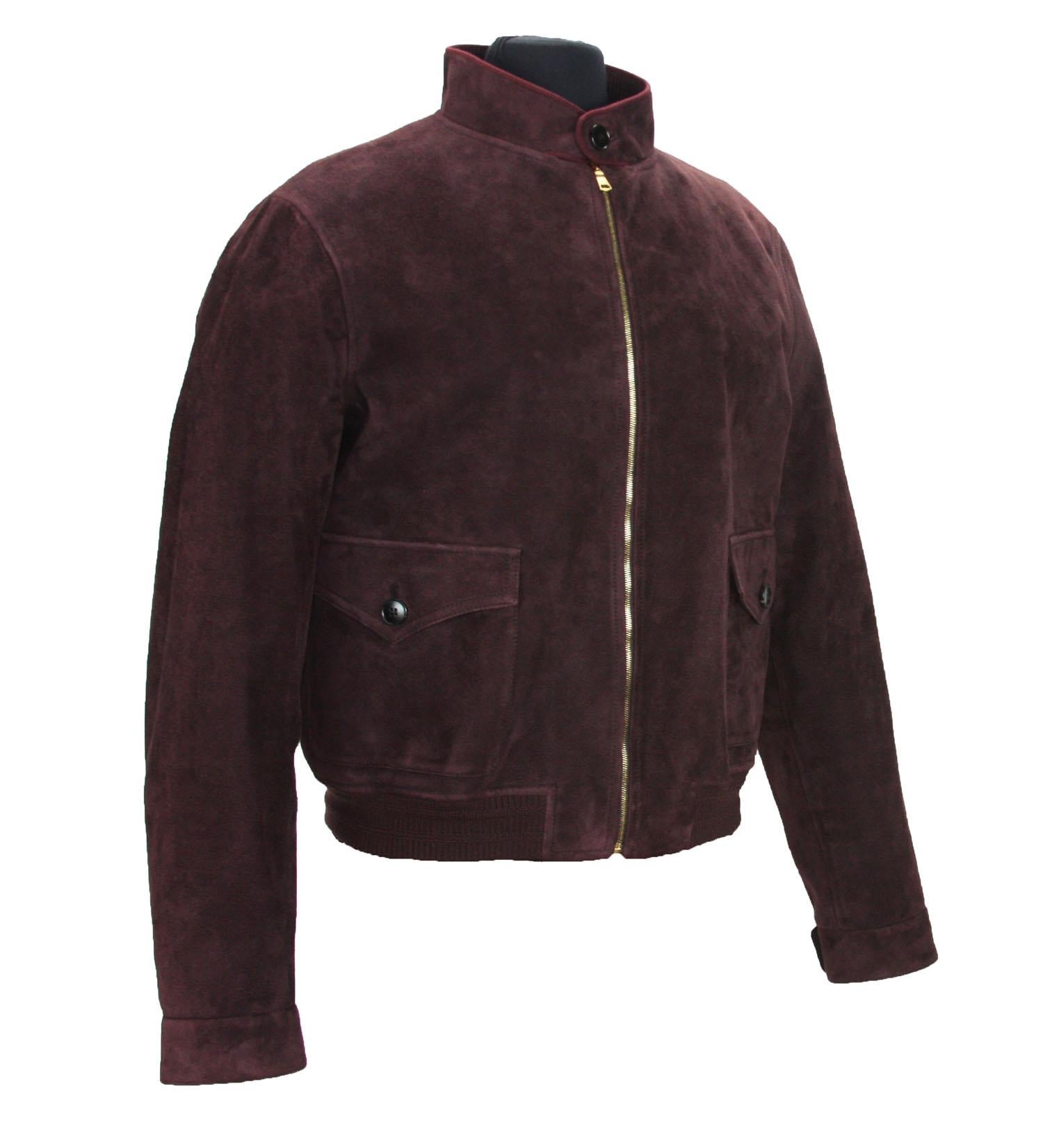 New Gucci Men's Goat Suede Bomber Jacket 
Designer size 54 - US 44
100% Goat Leather, Color - Brown / Plum 
Two Front Deep Pockets, Knit Trim at Hem and Inside Collar, GG Signature Buttons. 
Measurements:  Length - 24 inches, Shoulders - 19.5,