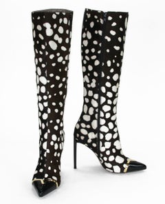 New Versace Collection Leopard Print Calf Hair Stiletto Heel Boots IT 38 US 8