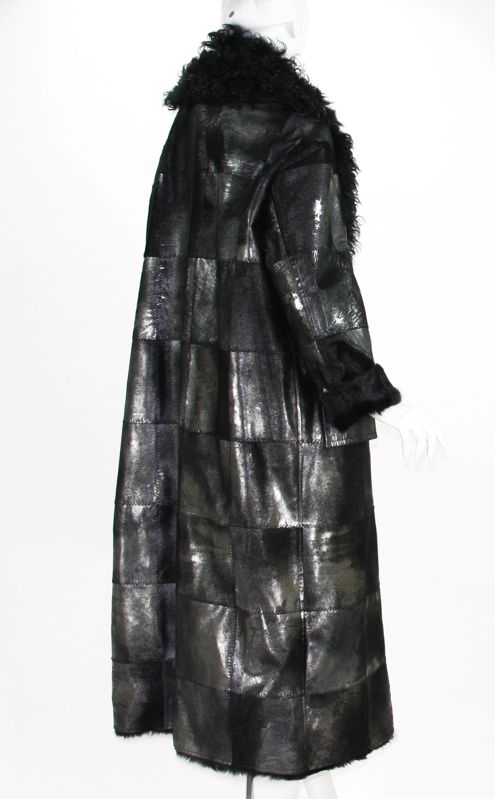 Black New Tom Ford Women's Metallic Leather Graphite Fur Lining Long Oversize Coat 