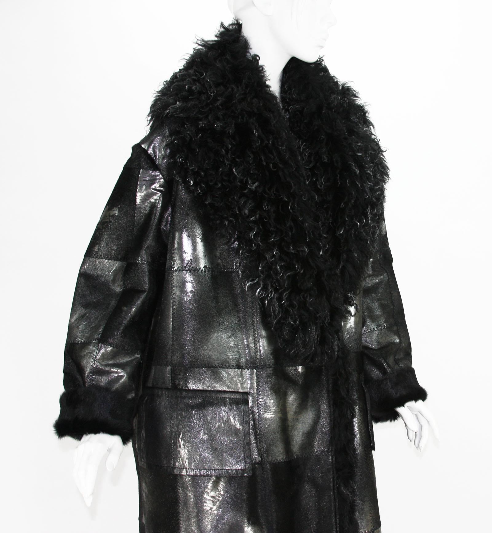 New Tom Ford Women's Metallic Leather Graphite Fur Lining Long Oversize Coat  1