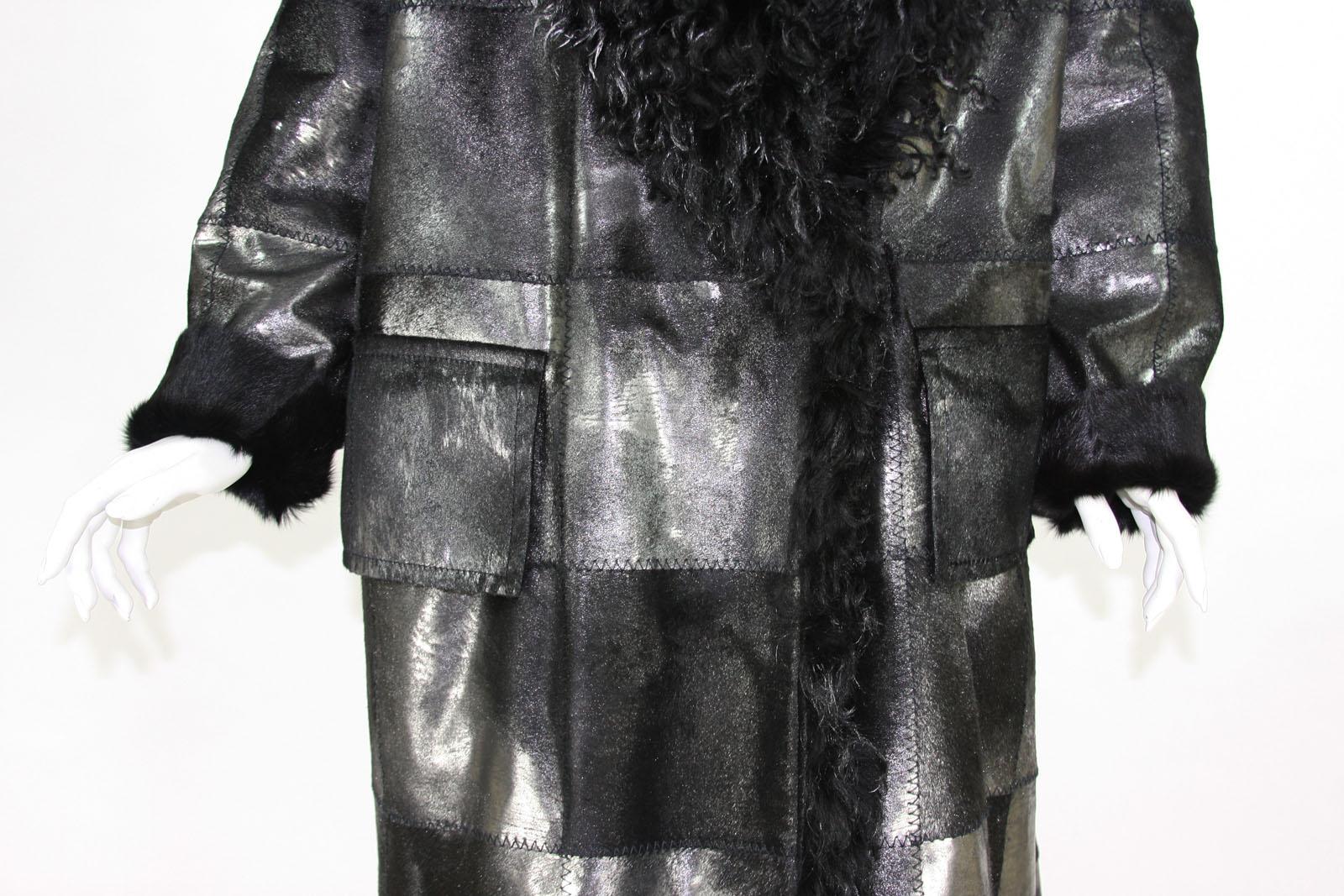 New Tom Ford Women's Metallic Leather Graphite Fur Lining Long Oversize Coat  4