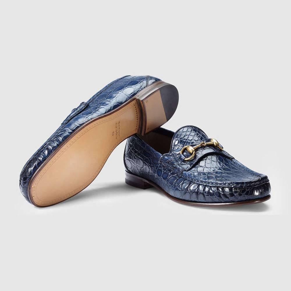 Black New GUCCI Men's Runway 1953 Horsebit CROCODILE Maritime Loafers 8.5