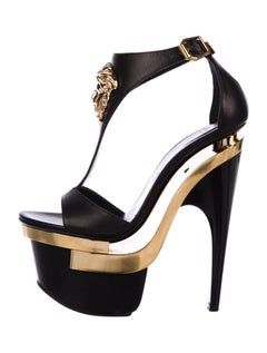 New Versace Black Leather Triple Platform Gold Medusa Shoes Sandals It.35 - US 5