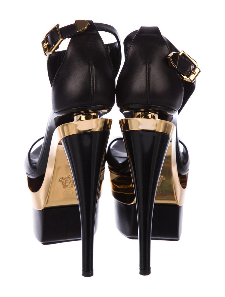 New Versace Black Leather Triple Platform Gold Medusa Shoes Sandals It.35 -  US 5 at 1stDibs | black and gold versace heels, medusa platform
