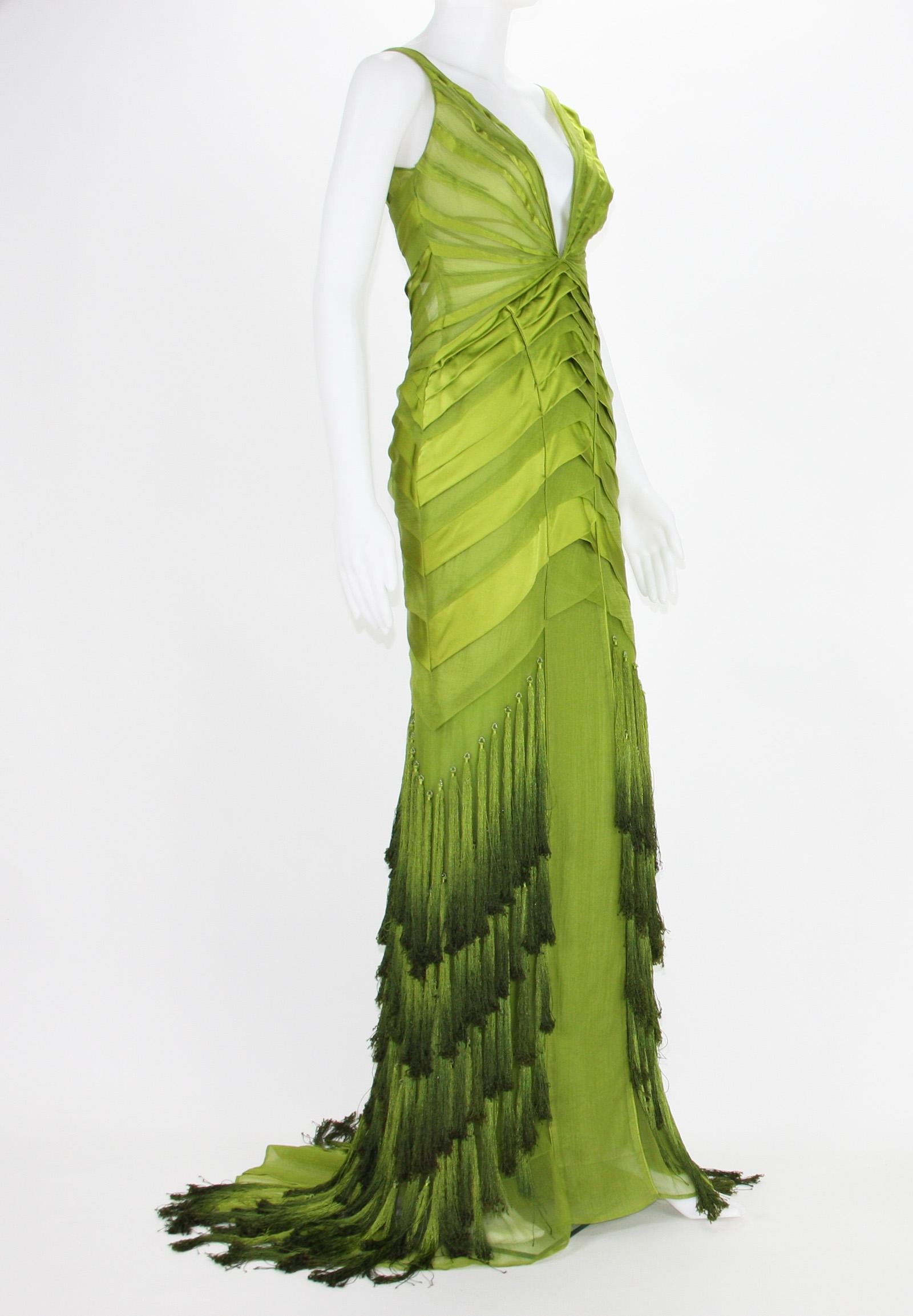 Tom Ford for Gucci Rare and Collectible Silk Green Tassel Dress Gown
Final F/W 2004 Collection
Designer size 40 - US 4
Made in Italy
Gown in Perfect Vintage Condition Except Missing Few Tassels on Bottom.
Matching Green Corset Shoes in size 9 B