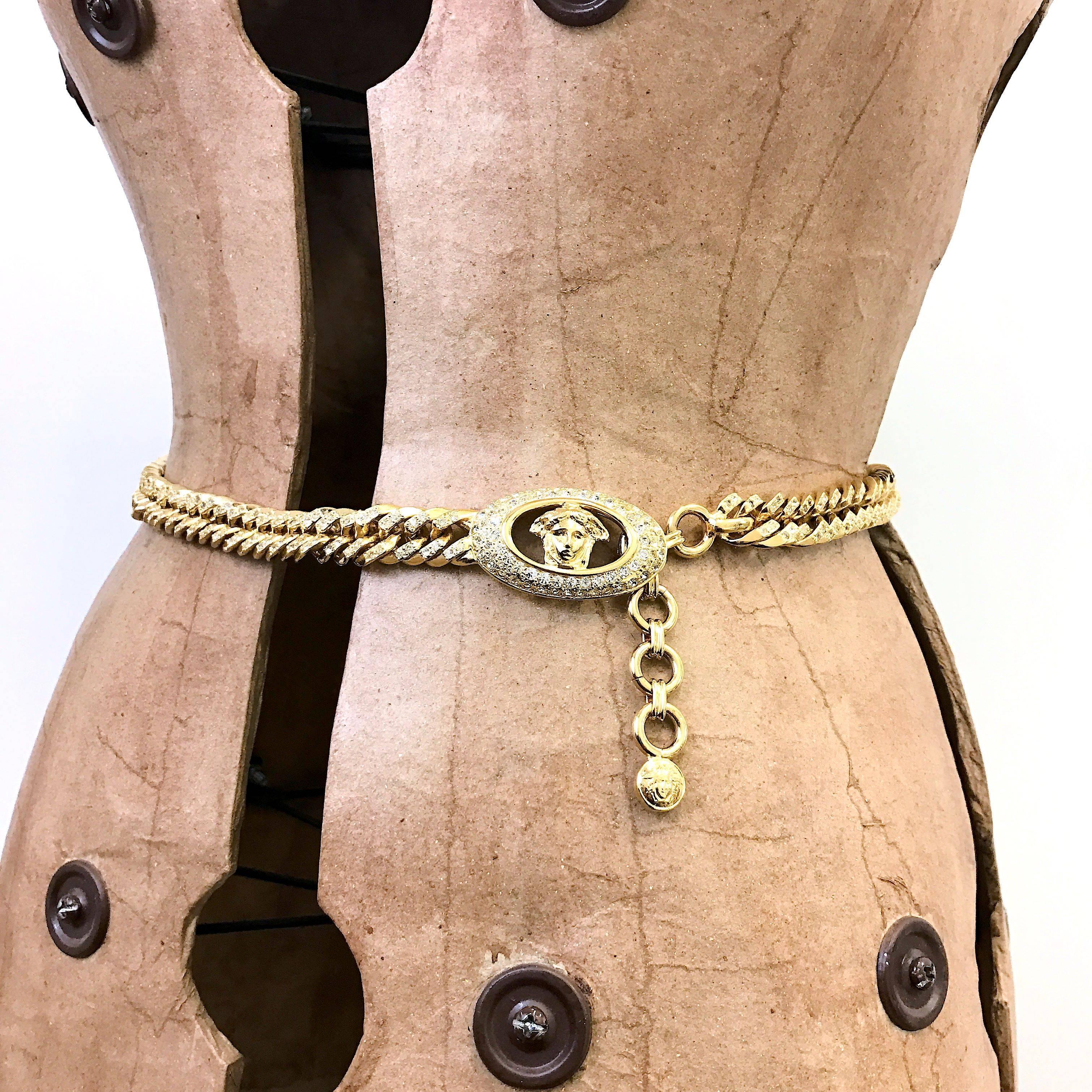 1990s Gianni Versace curb chain medusa head belt with rhinestones  For Sale 2