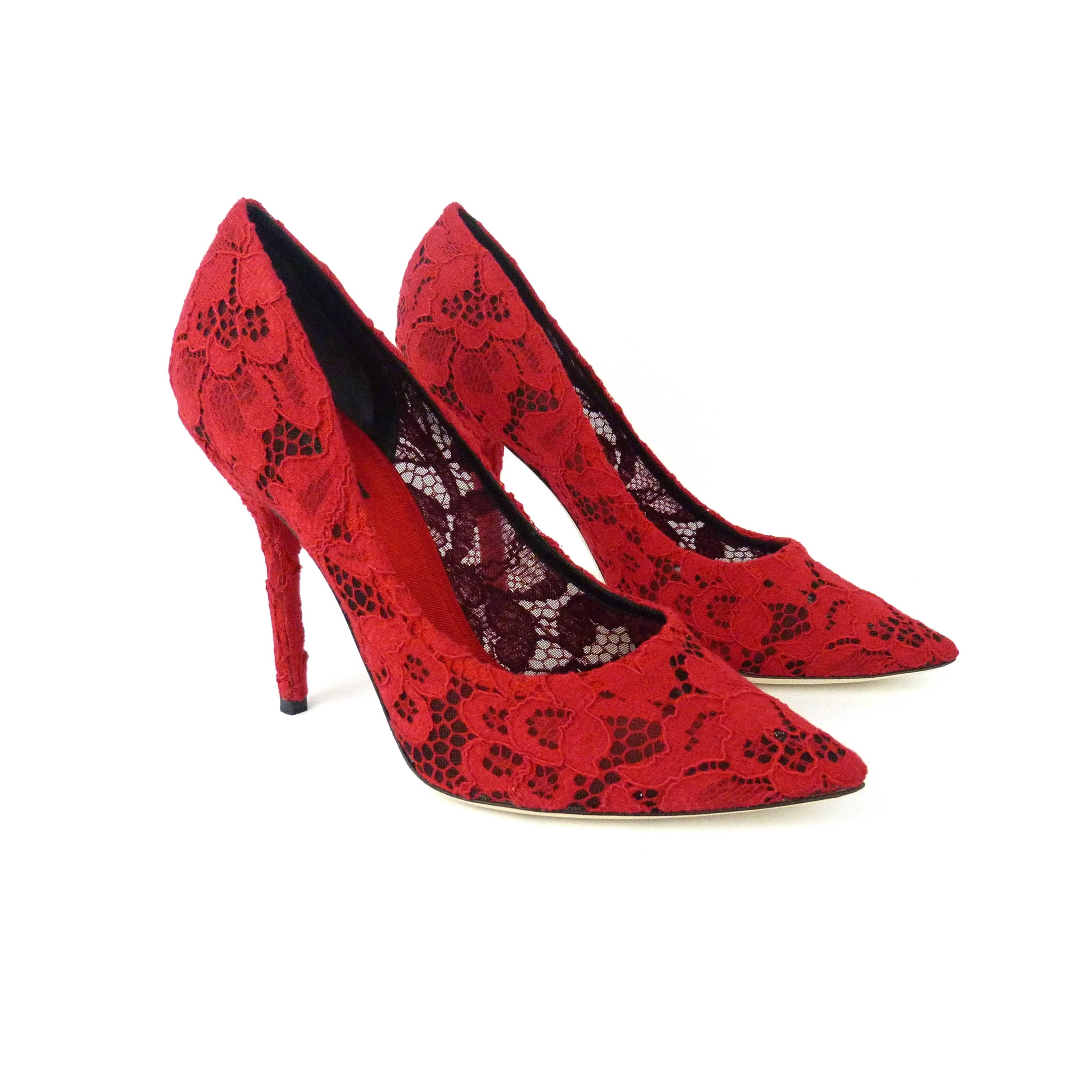 The red lace Dolce and Gabbana Bellucci pumps are made up of an intricate floral lace covering the whole shoe. These shoes ooze vintage glamour and can be paired with any evening attire. The scarlet red is what makes these shoes stand out. 

Heel