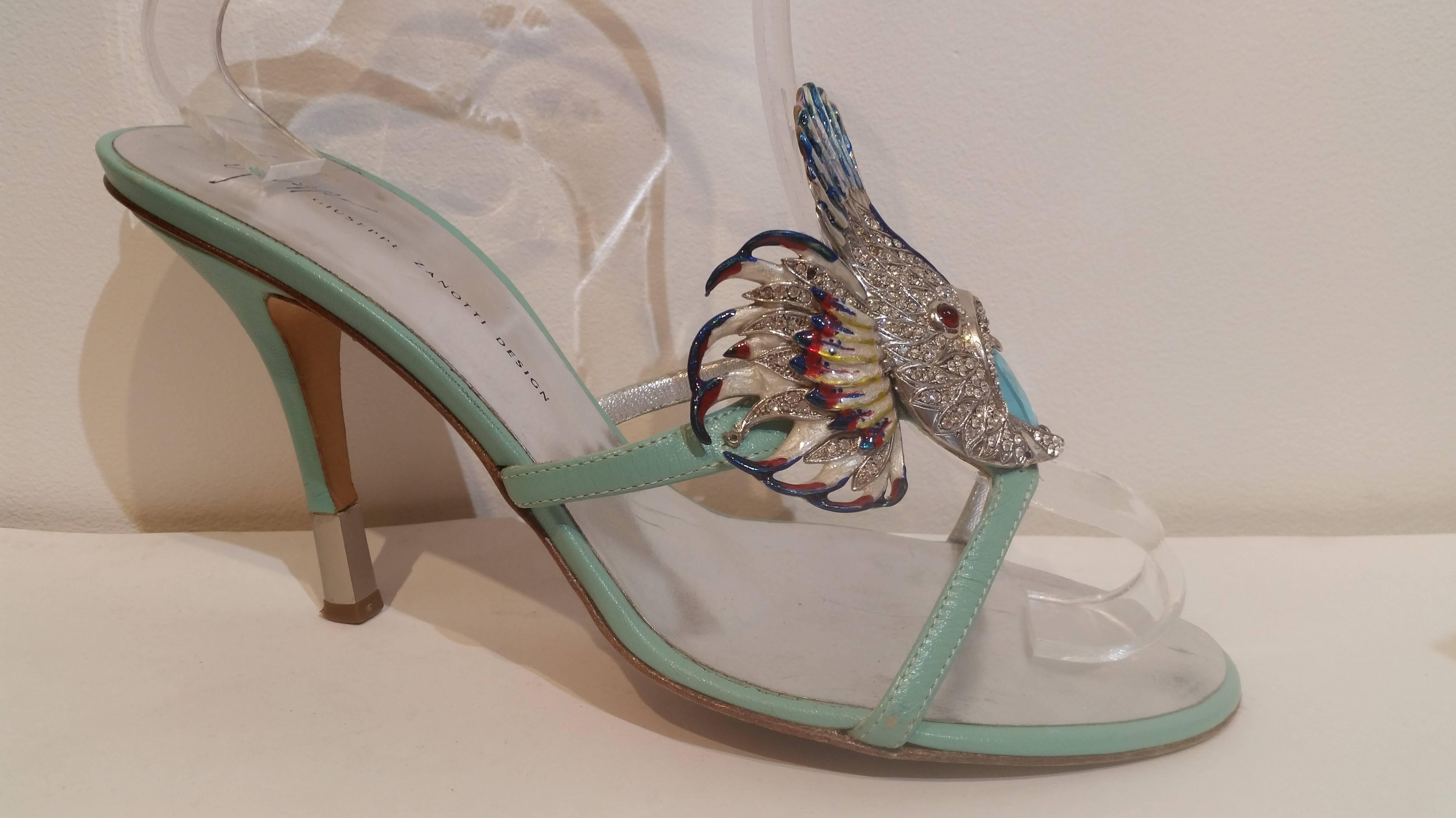 Giuseppe Zanotti Fish Embellished Aqua Mules  In Fair Condition For Sale In Cirencester, Gloucestershire