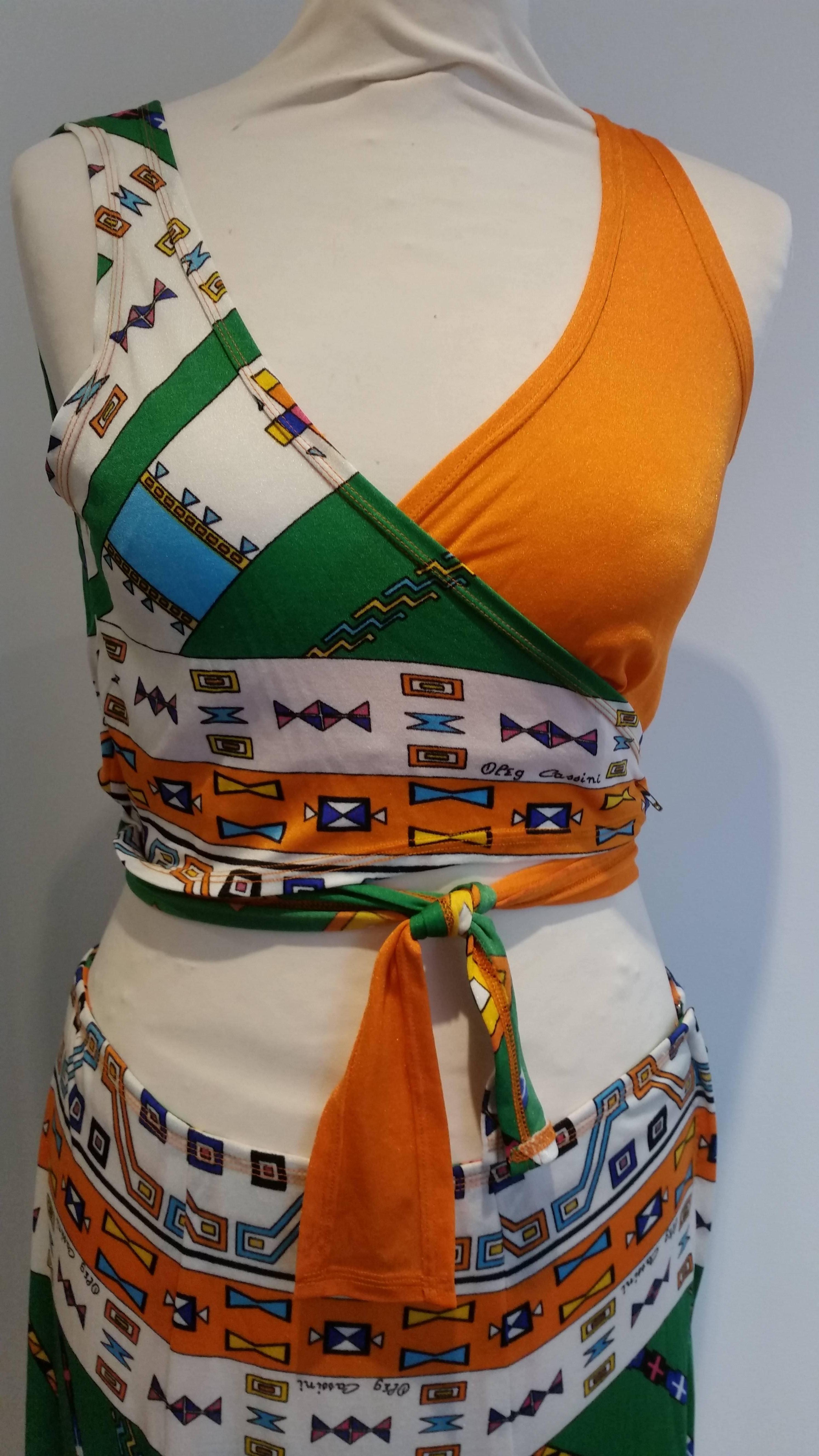 Oleg Cassini Multi Coloured 60's/70's Cropped Top & Maxi Skirt Ensemble In Fair Condition For Sale In Cirencester, Gloucestershire