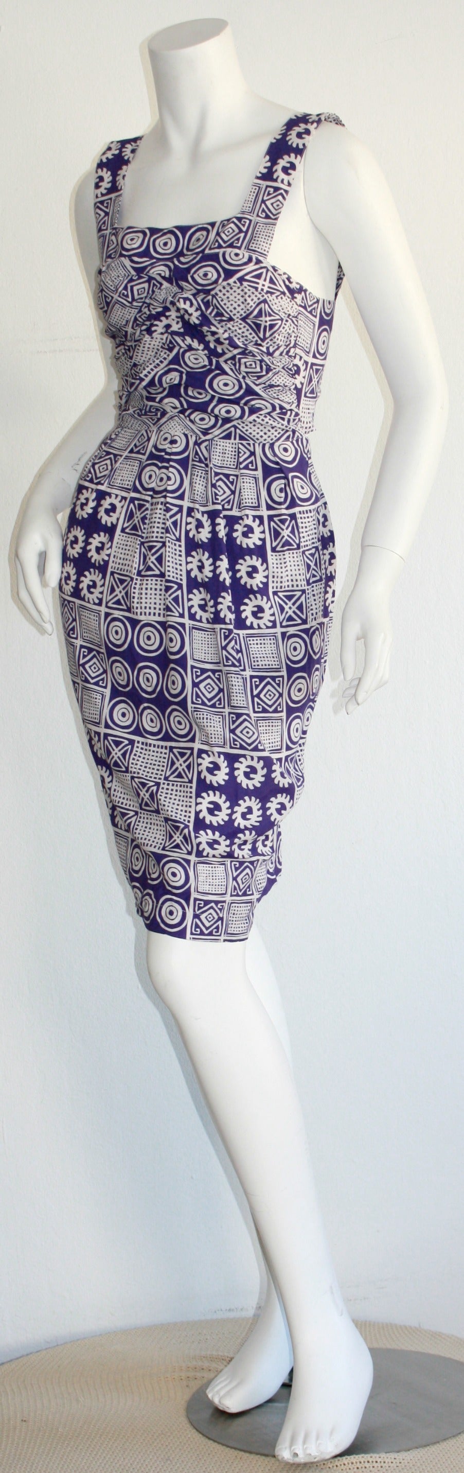 Sexy 1990s Vintage Christian Lacroix Dress Pen Back Purple Tribal Print In Excellent Condition In San Diego, CA