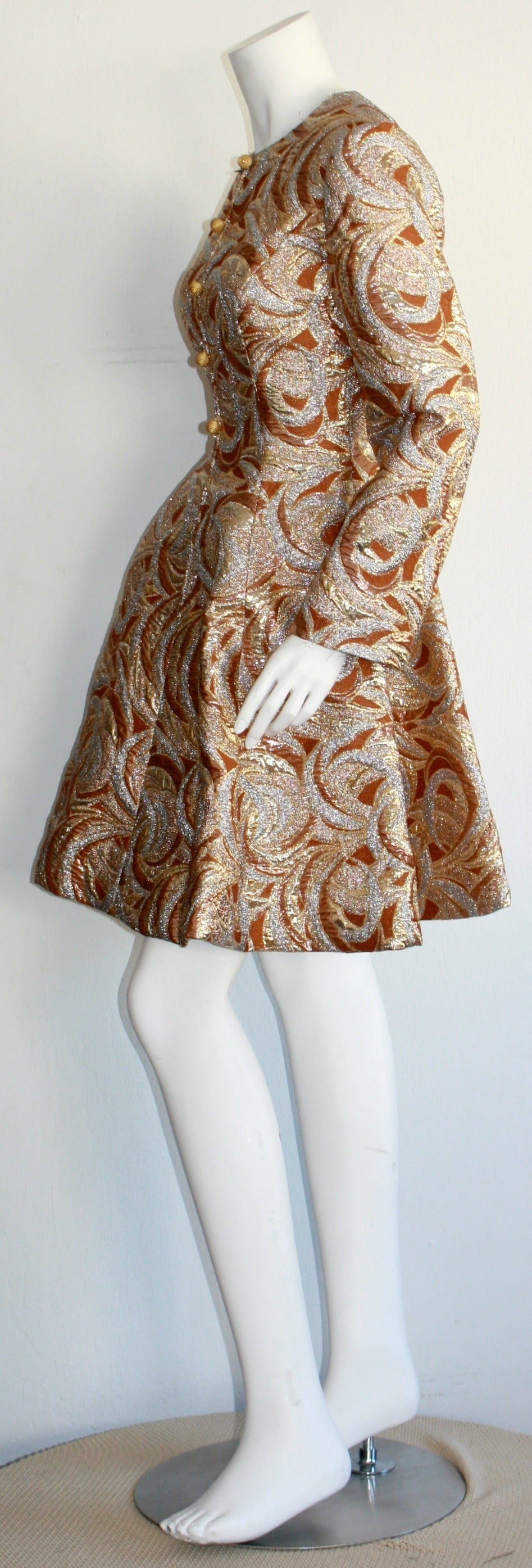 Brown Gorgeous 1960s Richard Tam Neiman Marcus Gold Bronze Silver Space Age Dress