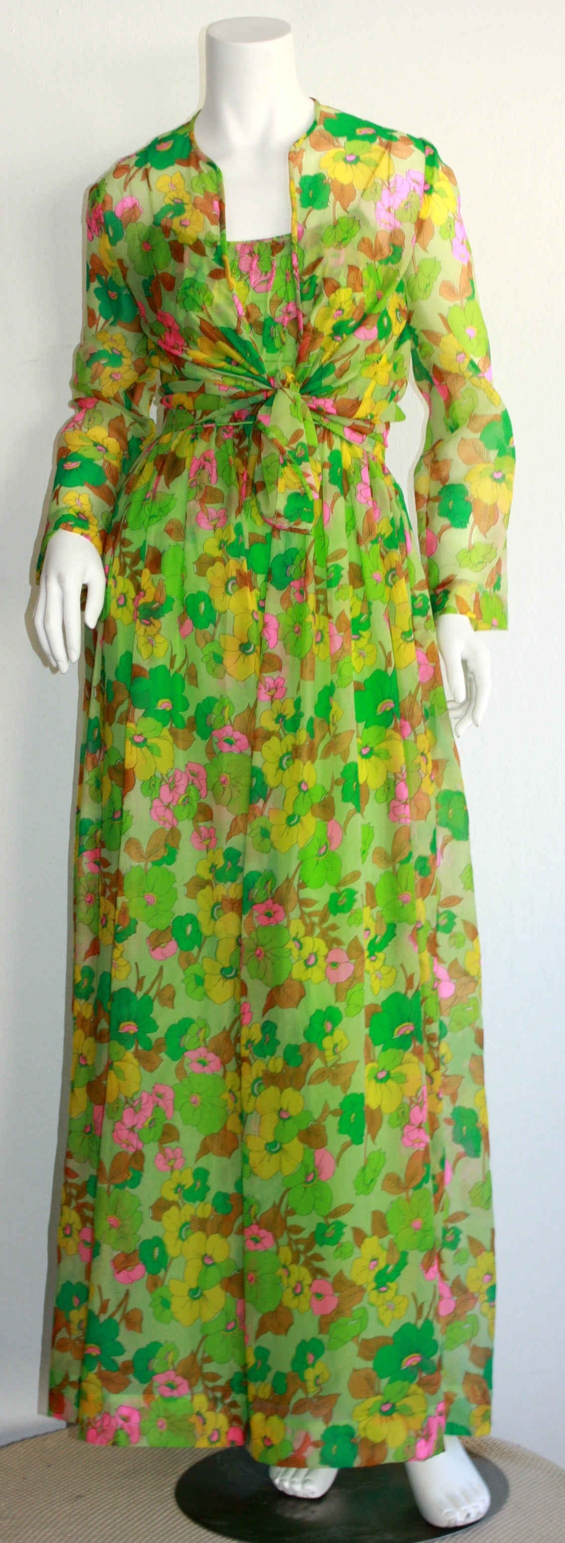 Vintage Teal Traina Dress & Jacket Ensemble Lime Green Silk Flower Print In Excellent Condition In San Diego, CA