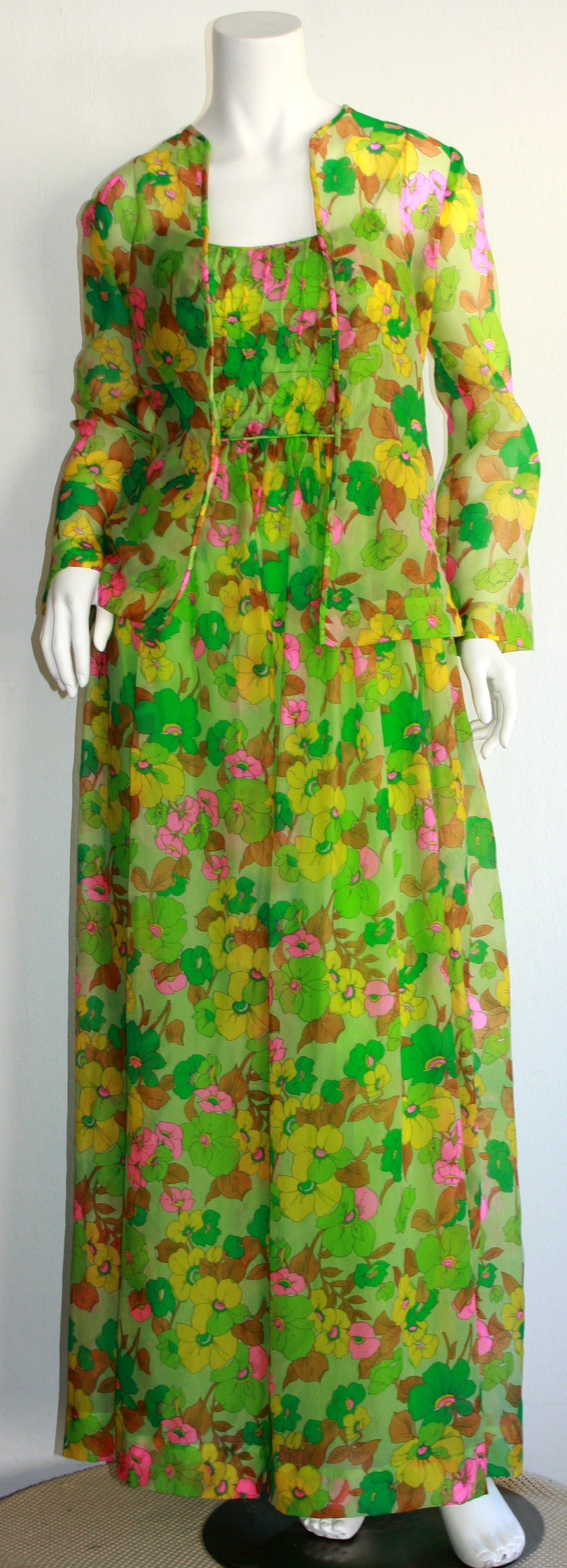 Vintage Teal Traina Dress & Jacket Ensemble Lime Green Silk Flower Print 1