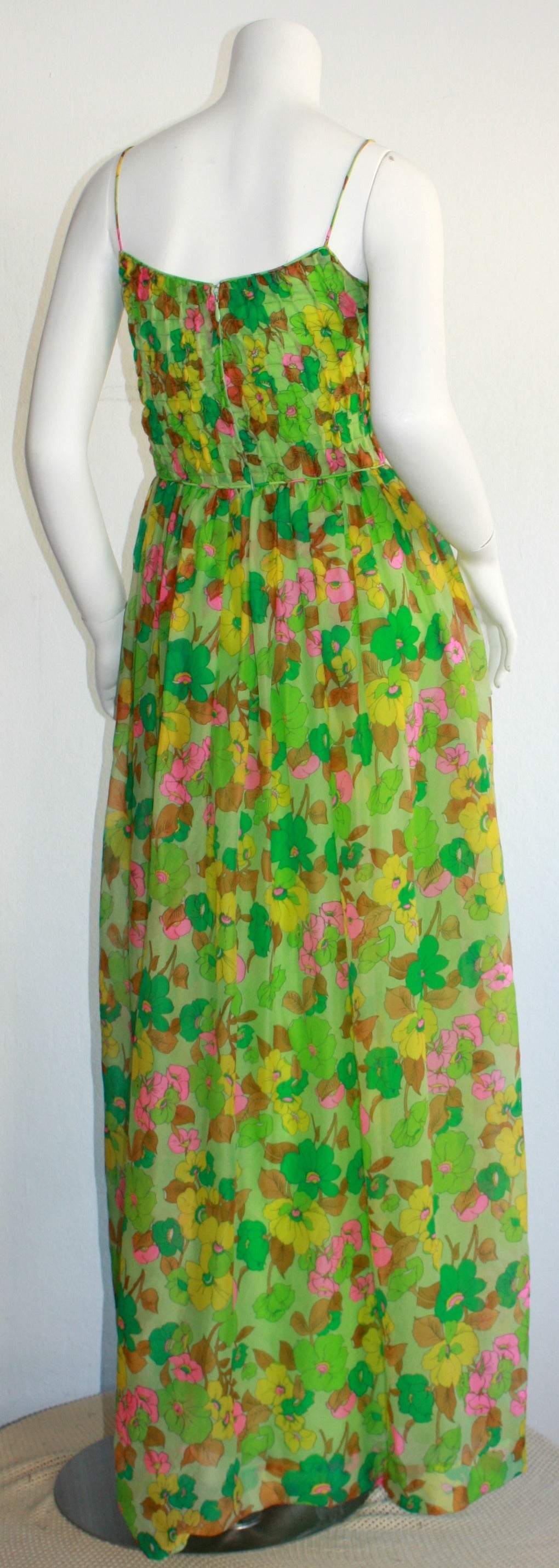 Vintage Teal Traina Dress & Jacket Ensemble Lime Green Silk Flower Print 2