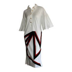 Vintage Roberta di Camarino White Geometric Shirt Dress w/ Flounce Sleeves
