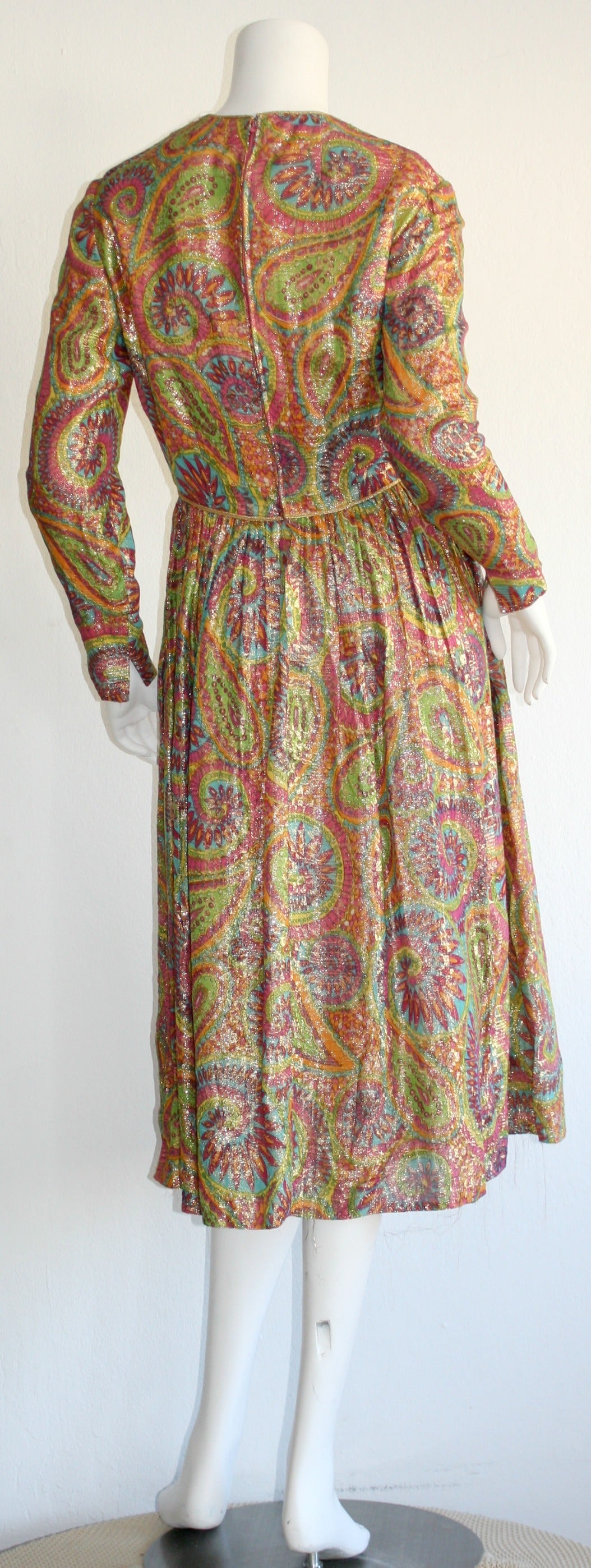 Brown Amazing 1960s Vintage mollie Parnis Paisley Silk Metallic Babydoll Dress For Sale