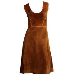 Rare Vintage 1960s Gucci Tan Leather Horsebit A - Line Space Age Dress