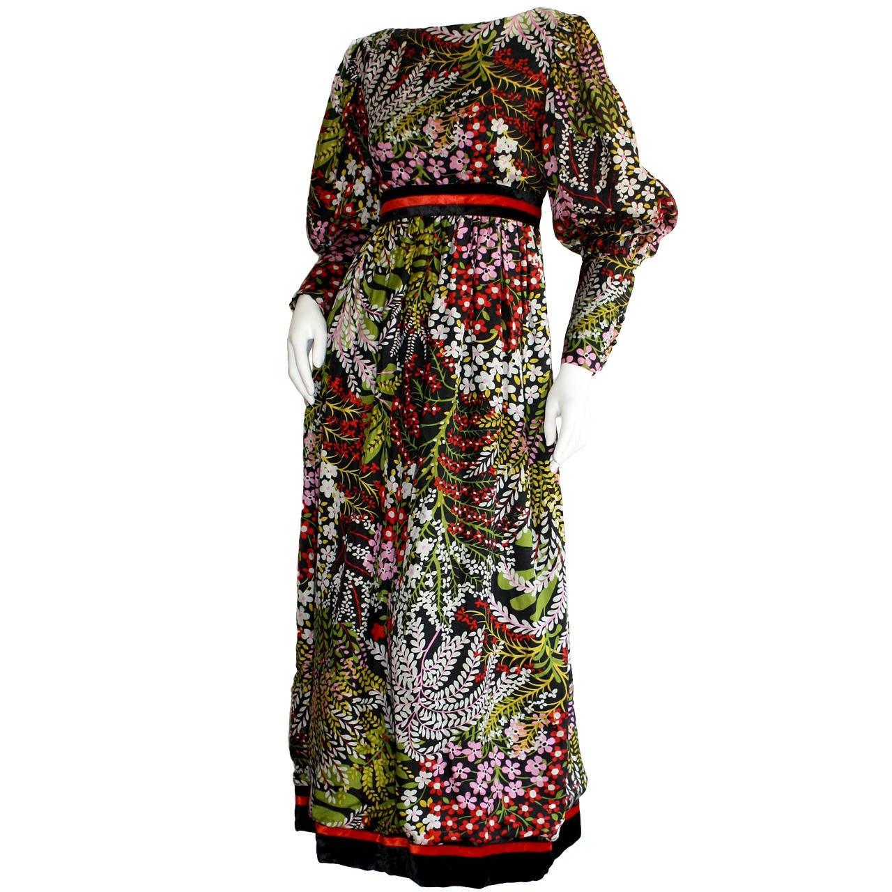 Wonderful Vintage Mollie Parnis Silk Floral Long Sleeve Maxi Dress For Sale