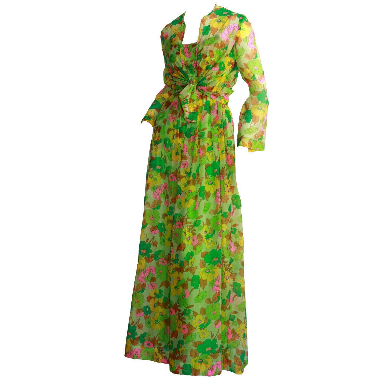 Vintage Teal Traina Dress & Jacket Ensemble Lime Green Silk Flower Print