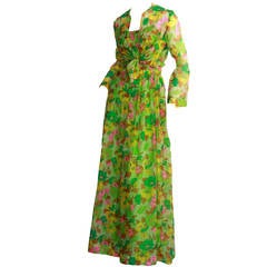 Vintage Teal Traina Dress & Jacket Ensemble Lime Green Silk Flower Print