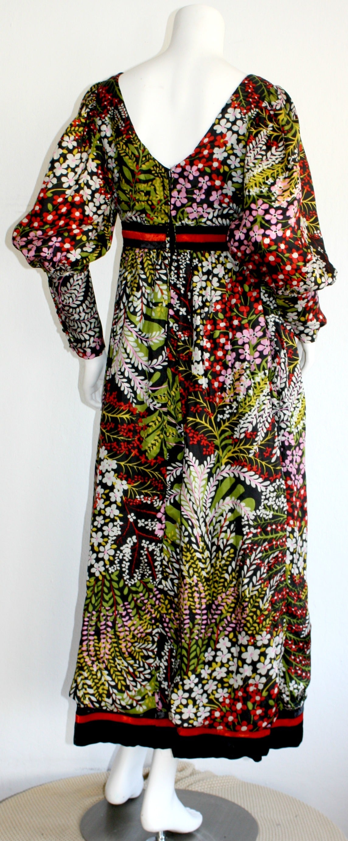 Black Wonderful Vintage Mollie Parnis Silk Floral Long Sleeve Maxi Dress For Sale