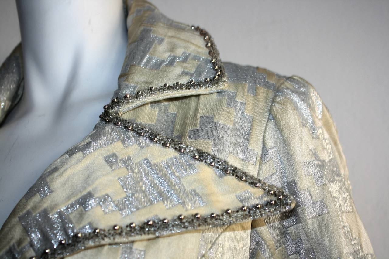 Stunning 1960s Silver Metallic Houndstooth Beaded Princess Jacket Opera Coat 3