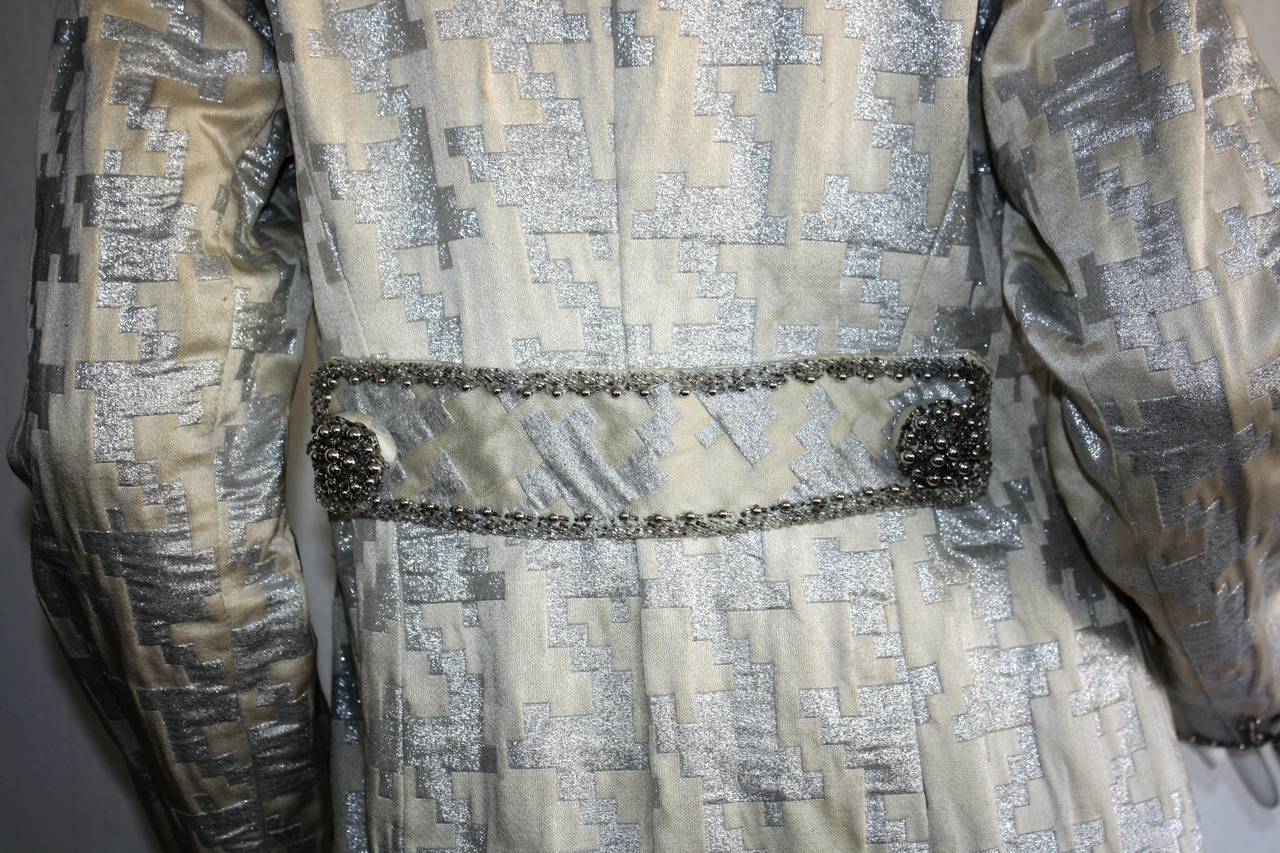 Stunning 1960s Silver Metallic Houndstooth Beaded Princess Jacket Opera Coat 2