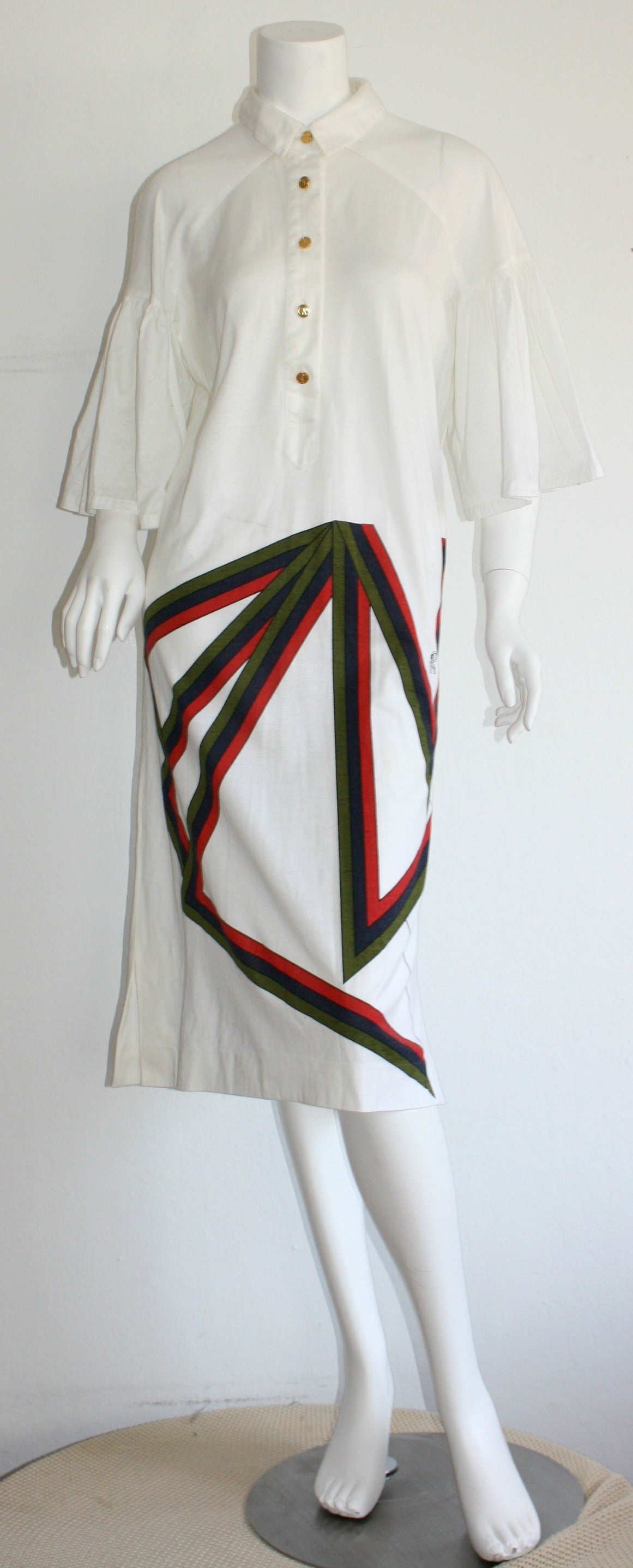 Vintage Roberta di Camarino White Geometric Shirt Dress w/ Flounce Sleeves In Excellent Condition For Sale In San Diego, CA
