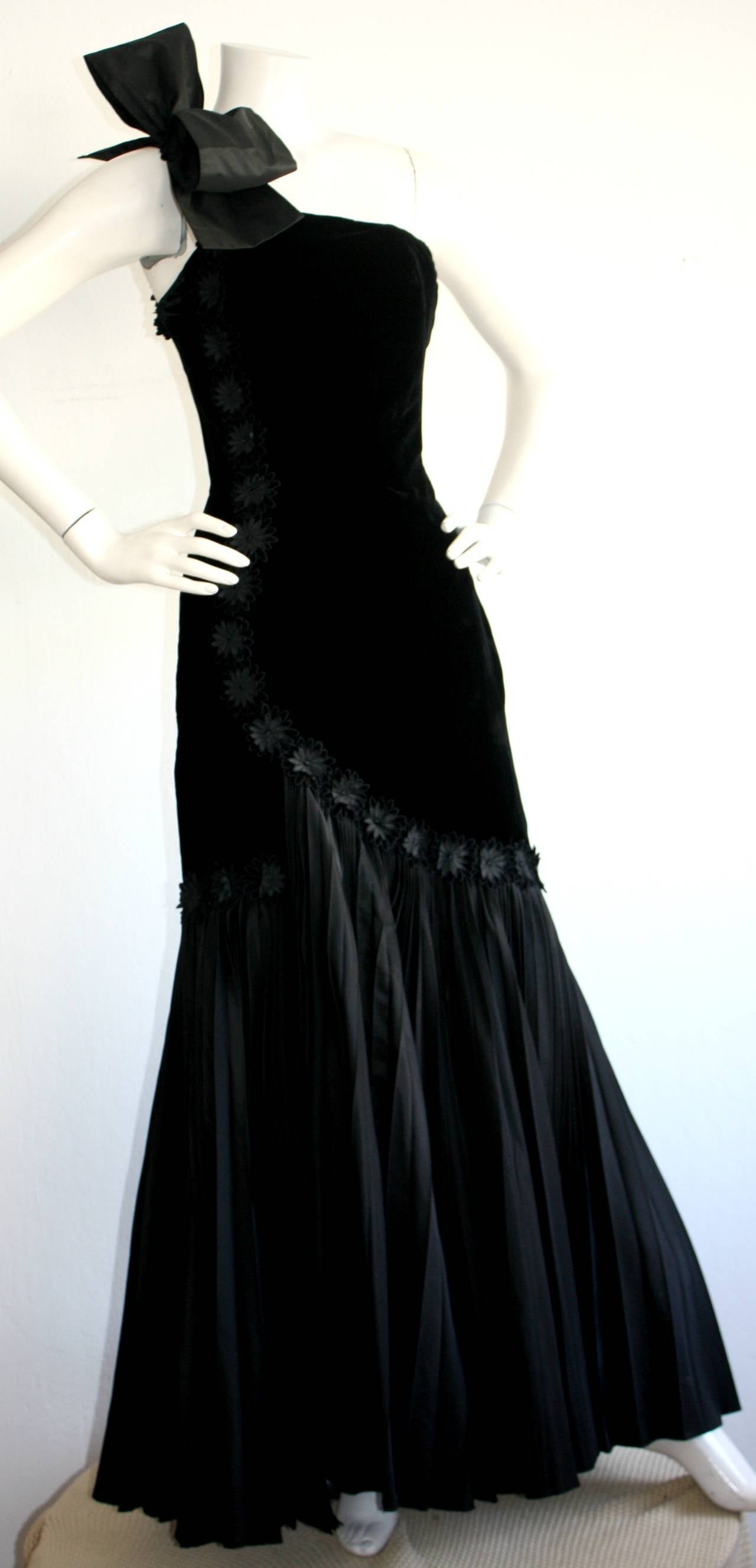Stunning 1940s Vintage Black Velvet One - Shoulder Bow Gown w/ Accordian Hem 1