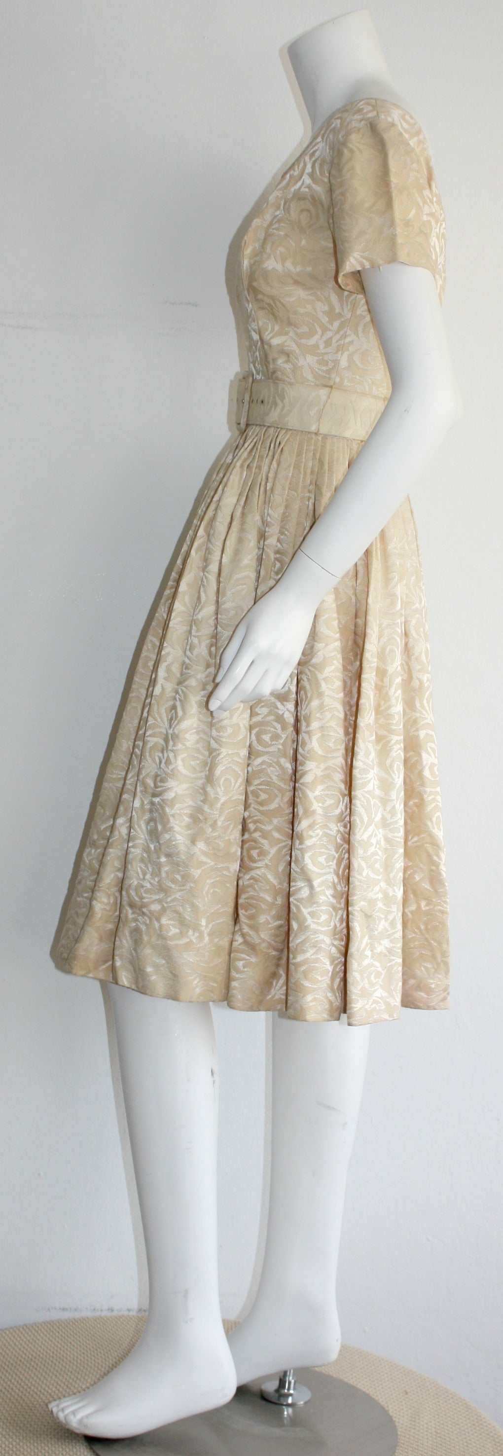 Women's 1950s Gigi Young Ivory Floral Silk Dress w/ Belt and Full Skirt